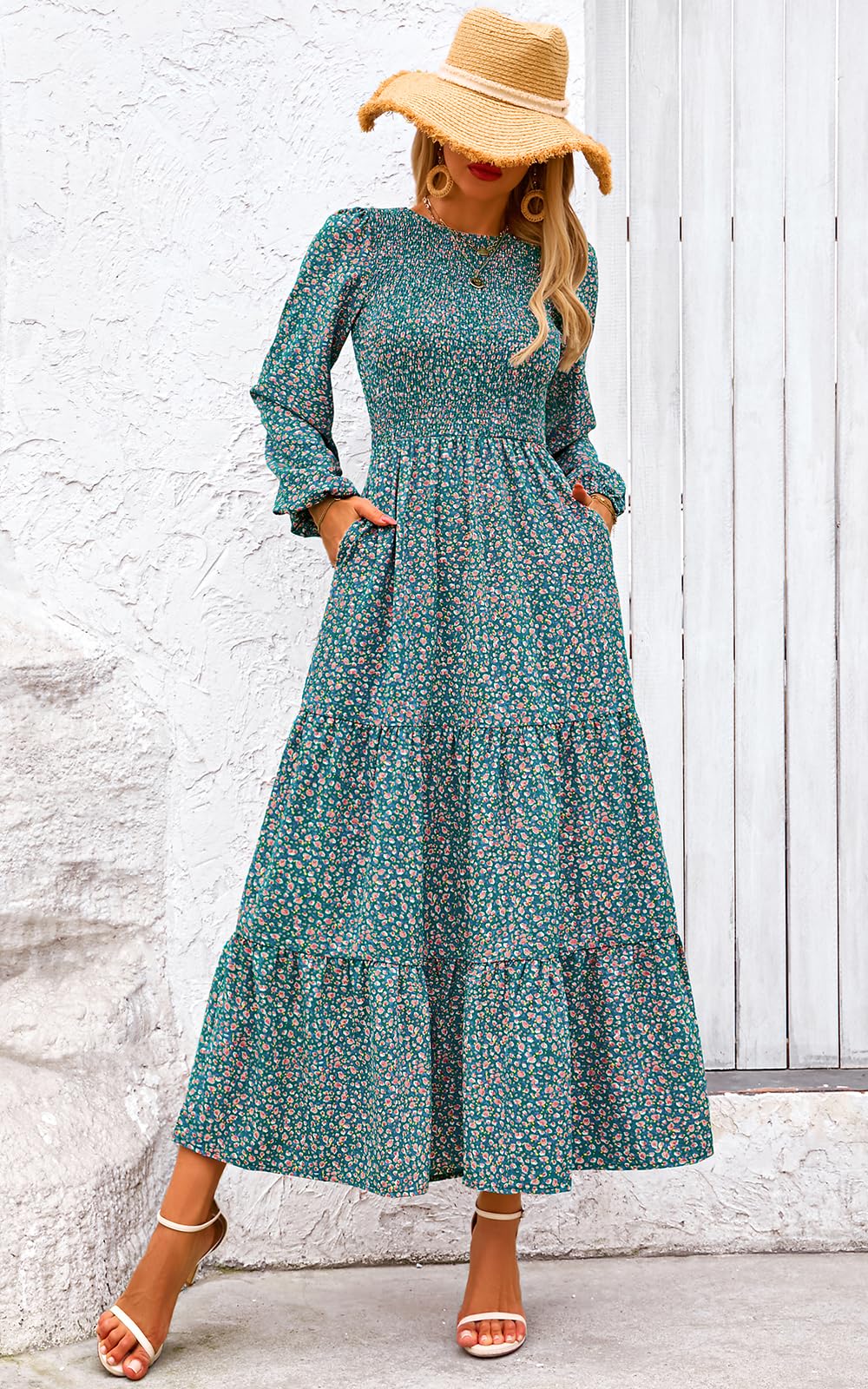 PRETTYGARDEN Women's Fall Dresses Long Sleeve Flowy Casual Floral Maxi Dress Crew Neck Smocked Tiered Long Dress