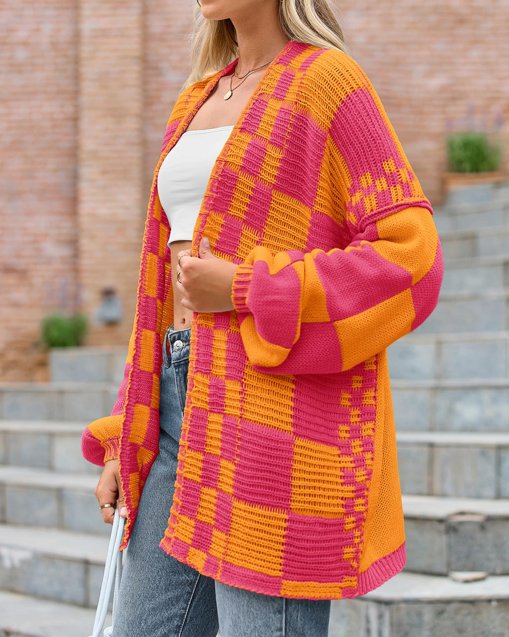 BTFBM Casual Cardigan Sweater for Women Fall Long Sleeve Sweaters Fall Outfits, Loose Fit,Solid,Open Front Chunky Knit Sweaters,Chunky Cardigan Sweaters For Women,Checkered Outwear Coat