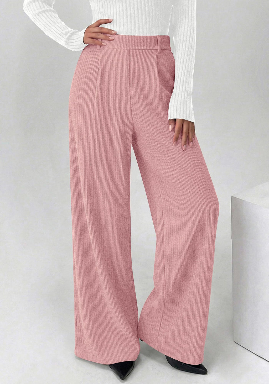 BTFBM Wide Leg Pants for Women Dressy Work Business Casual Elastic High Waisted Trousers Ribbed Lounge Palazzo Pants