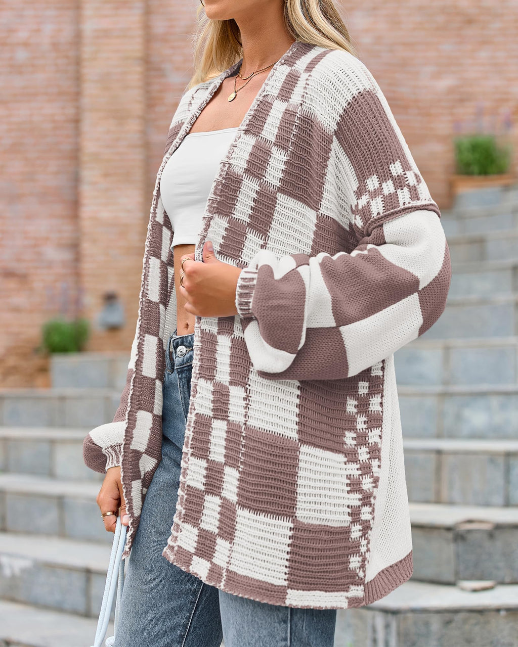 BTFBM Casual Cardigan Sweater for Women Fall Long Sleeve Sweaters Fall Outfits, Loose Fit,Solid,Open Front Chunky Knit Sweaters,Chunky Cardigan Sweaters For Women,Checkered Outwear Coat