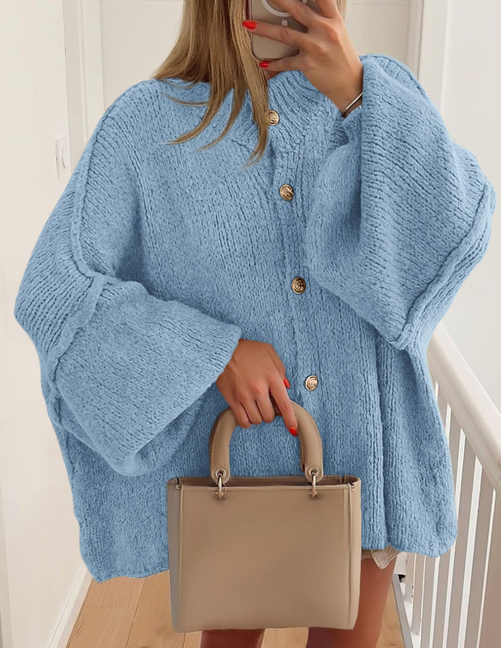 PRETTYGARDEN Women's Winter Button Down Cardigan Sweaters Mock Neck Lantern Long Sleeve Chunky Knit Jacket Trendy Outerwear