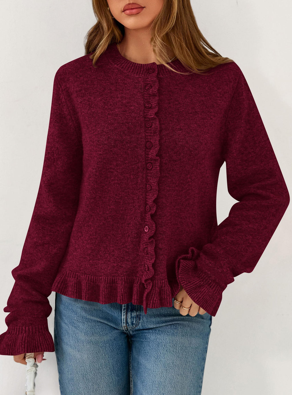 PRETTYGARDEN Womens Fall Button Down Cardigans Chunky Knit Ruffle Open Front Cropped Cardigan Sweaters Soft Long Sleeve Tops