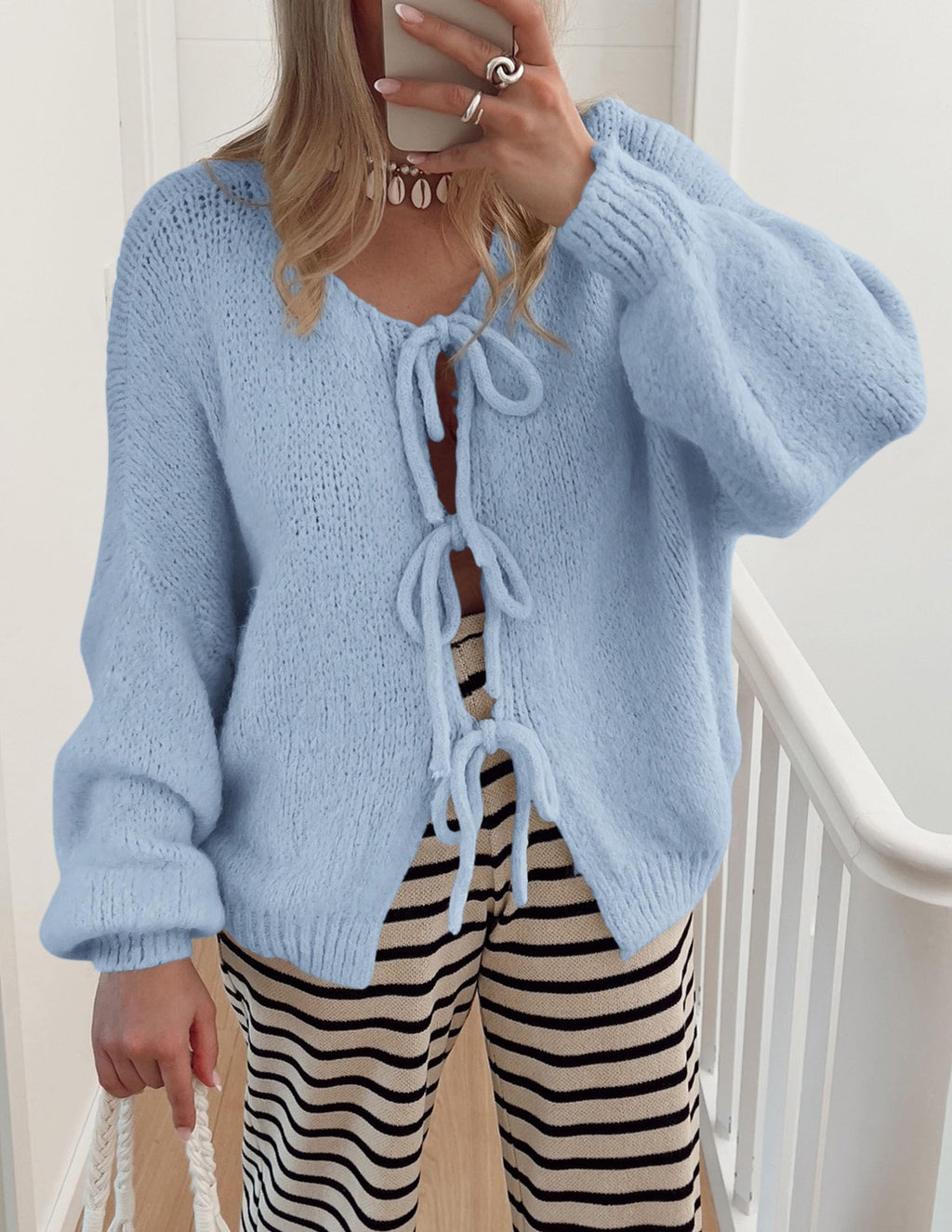 PRETTYGARDEN Women's Tie Front Bow Cardigan Sweaters Chunky Knit Long Puff Sleeve Trendy Fall Winter Jacket Coat