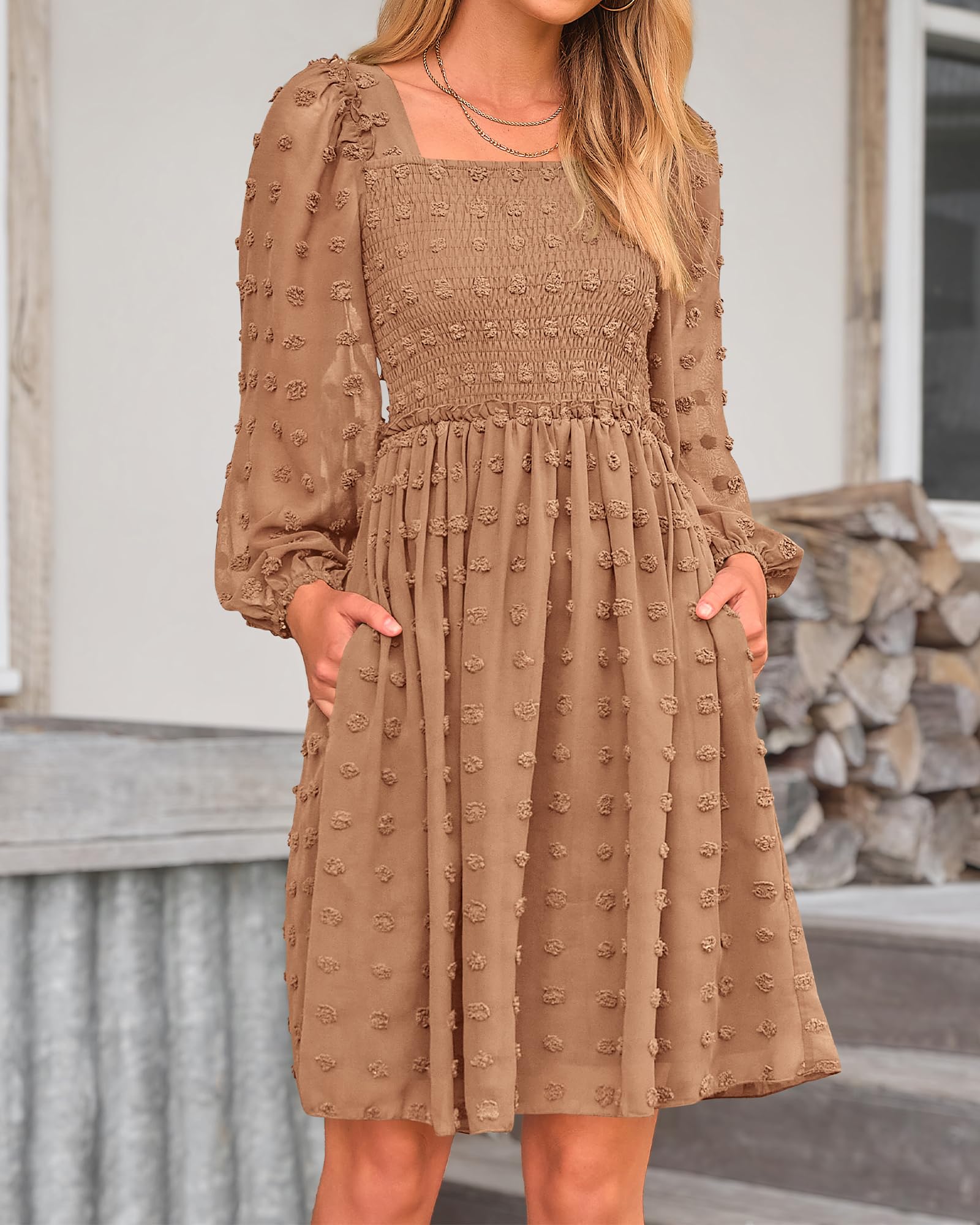 BTFBM Womens Long Sleeve Dress Summer Vacation Square Neck Smocked Floral Mini Boho Spring Wedding Guest Dresses