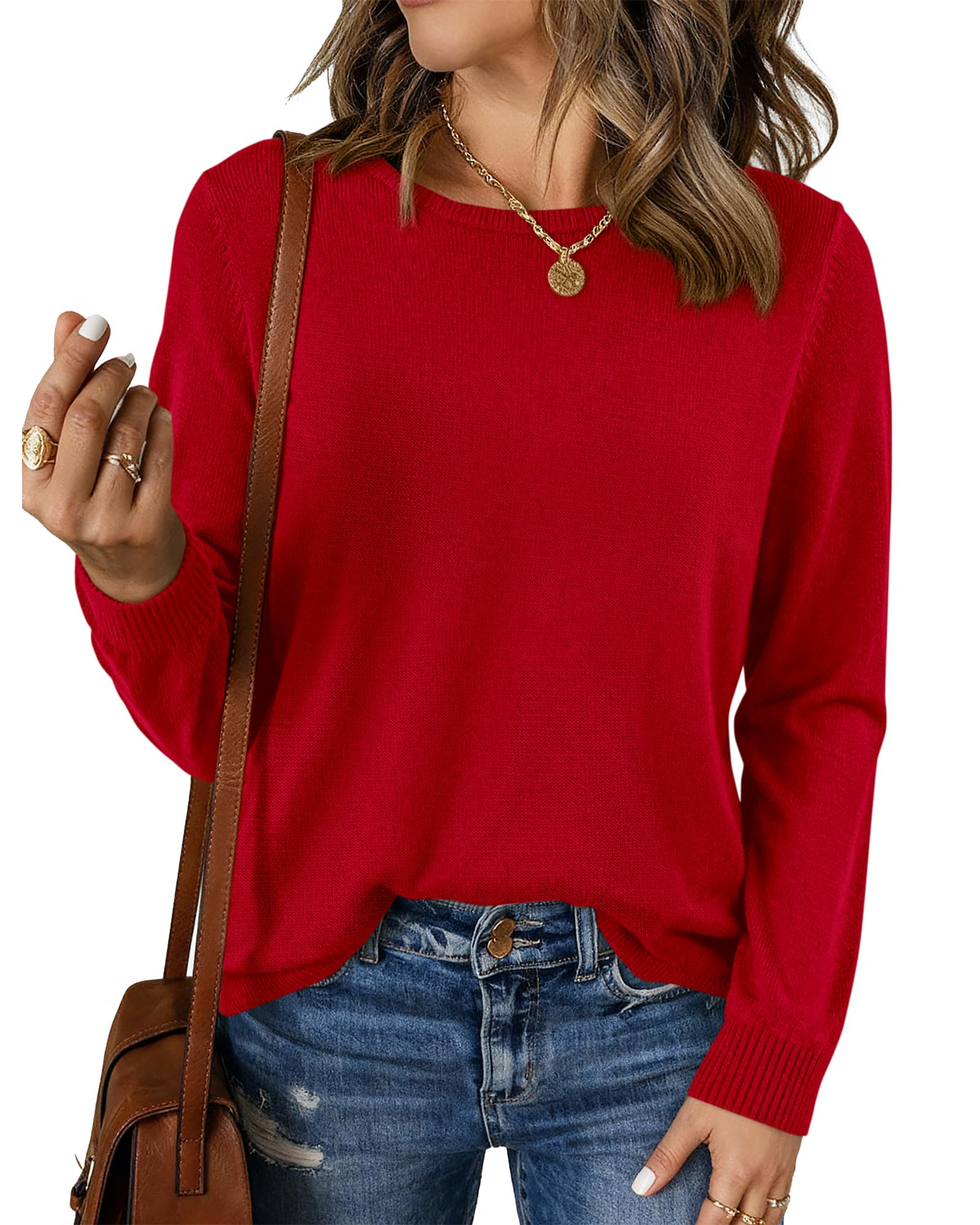 BTFBM Womens Long Sleeve Crew Neck Sweaters Spring Casual Classic Soft Loose Fit Basic Pullover Jumper Knit Top