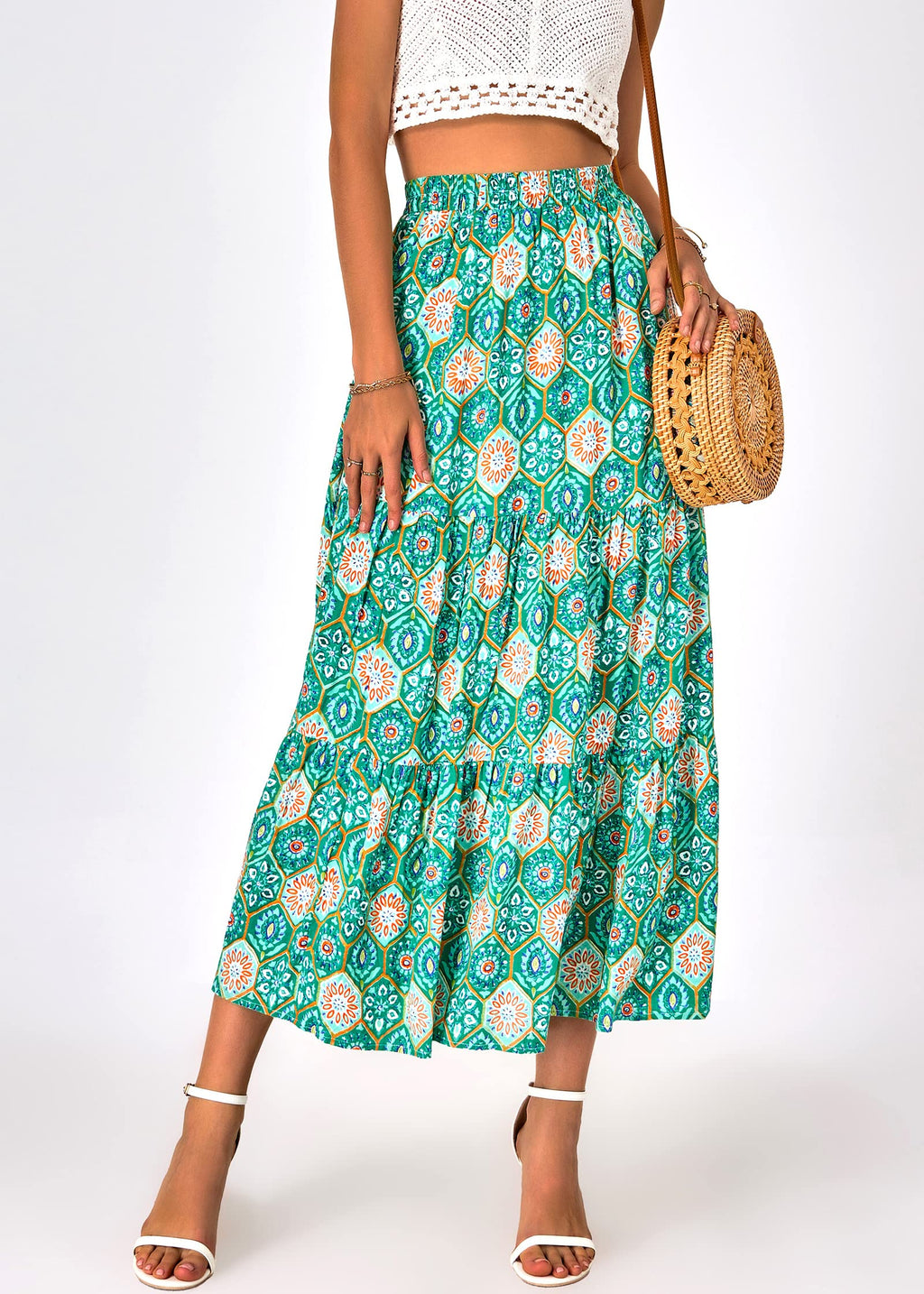 FreshPretty Women Summer Fall Boho Long Skirts Dress Floral Print Elastic Waist Split Ruffle High Low Beach Maxi Skirt