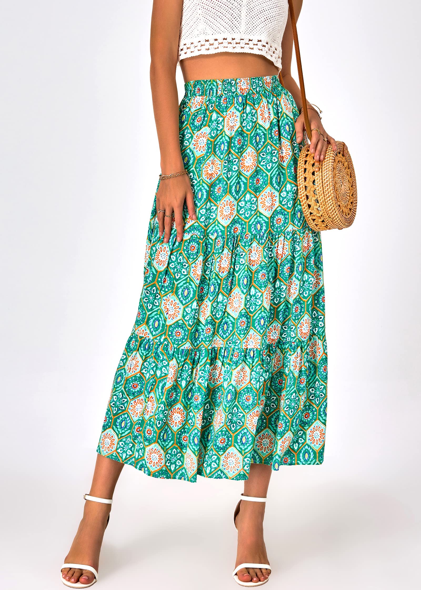 FreshPretty Women Summer Fall Boho Long Skirts Dress Floral Print Elastic Waist Split Ruffle High Low Beach Maxi Skirt