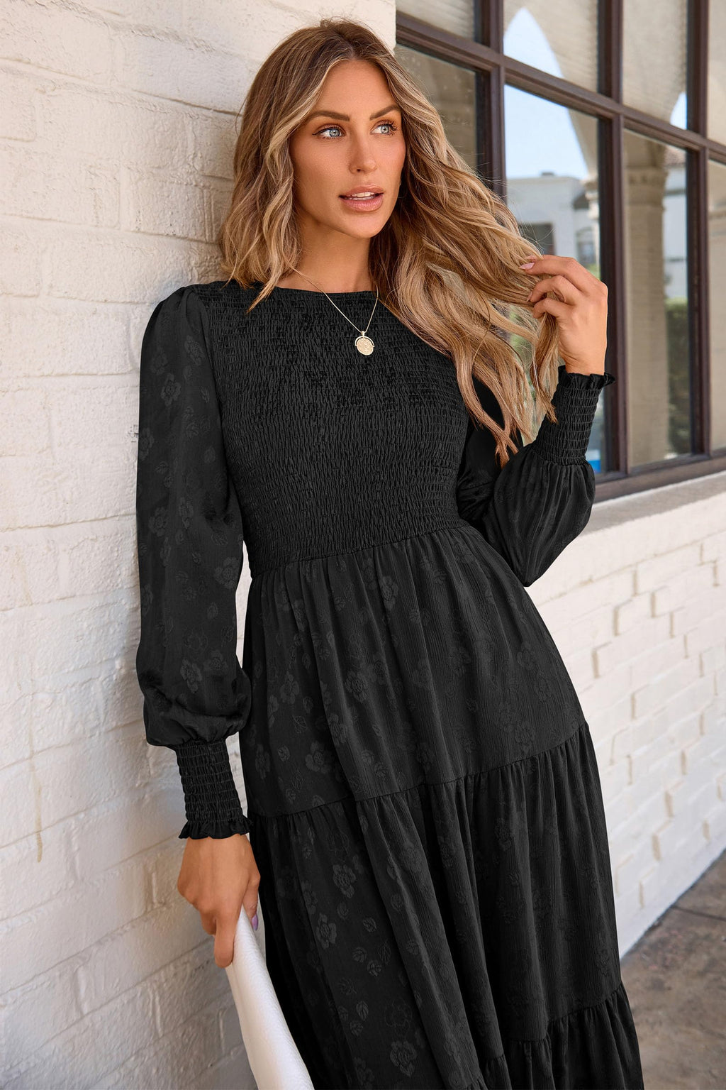 PRETTYGARDEN Women's Fall Spring Midi Dress Long Sleeve Floral Smocked Elegant Wedding Guest Long Flowy Dresses with Pockets