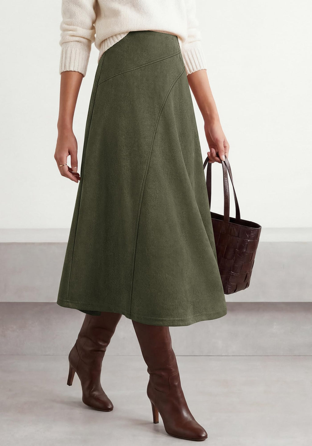 BTFBM Women Faux Suede Midi Long Skirt Fall Fashion | High Waisted Skirts For Women Trendy, Lightweight, Back Elastic, Arc Line Design, A-Line, Winter Dress, Boho Western Outfits