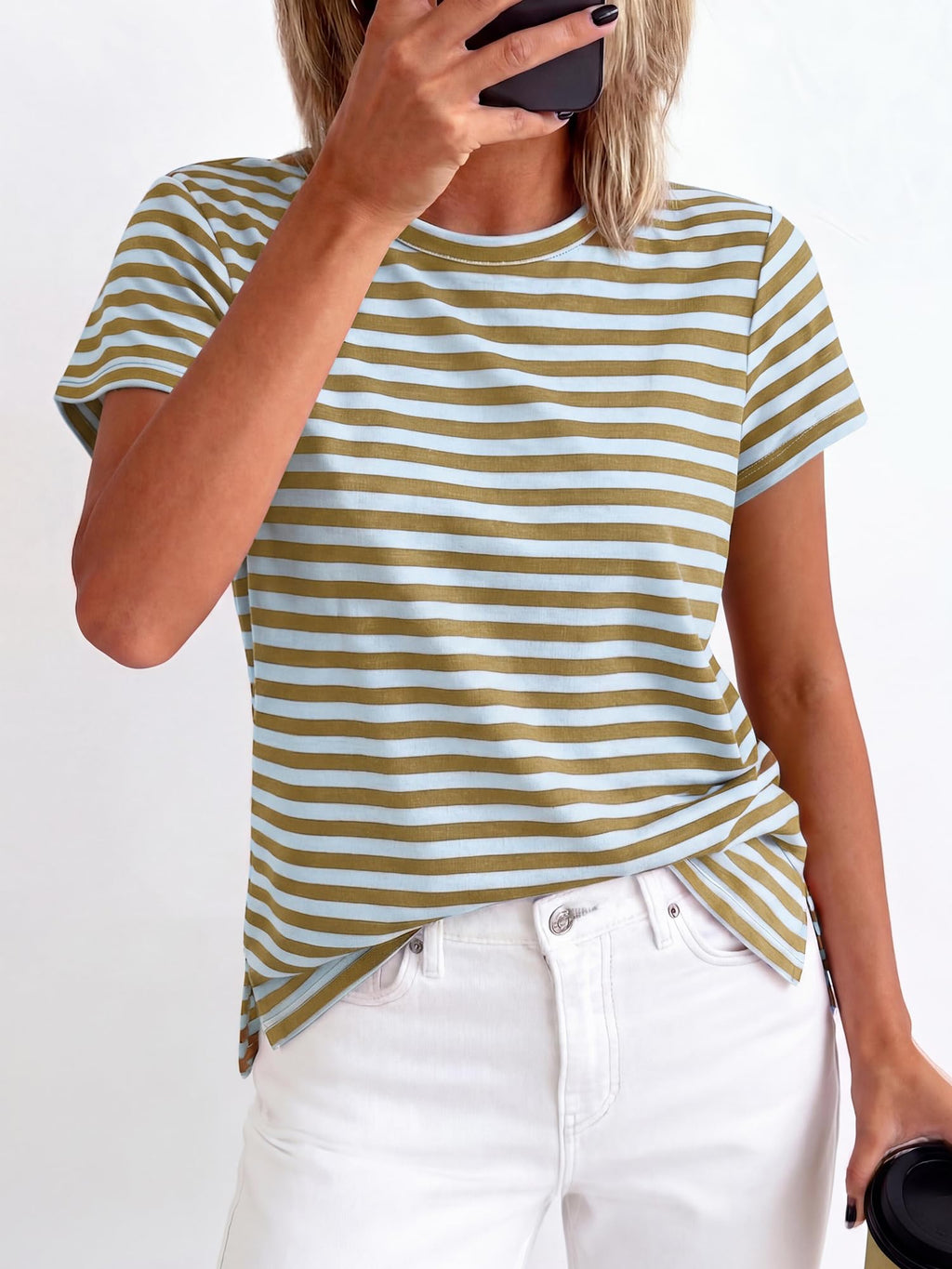 BTFBM Tops for Women Trendy Summer Crew Neck Short Sleeve T Shirts Striped Casual Vacation Blouse Basic Tee