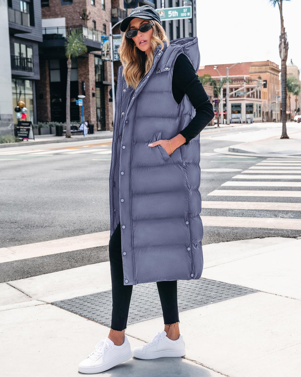 BTFBM Long Puffer Vest Women Quilted Hooded Button Down Zip Up Sleeveless Vests Outerwear Padded Jacket Fall Winter Coat