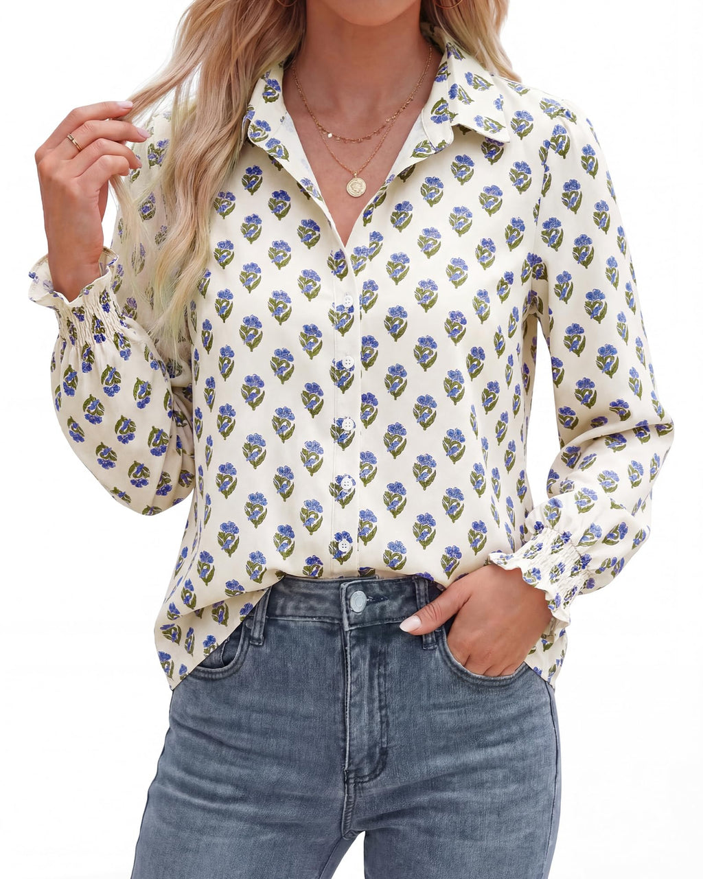 BTFBM Long Sleeve Blouses for Women, Floral V Neck Button Down Shirts, Smocked Cuffs, Business Casual Summer Outfits