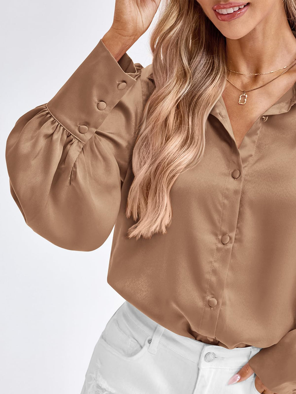 BTFBM Women Satin Blouses Summer Fall Clothes Button Down Lantern Long Sleeve Shirts Work Business Casual Dressy Tops