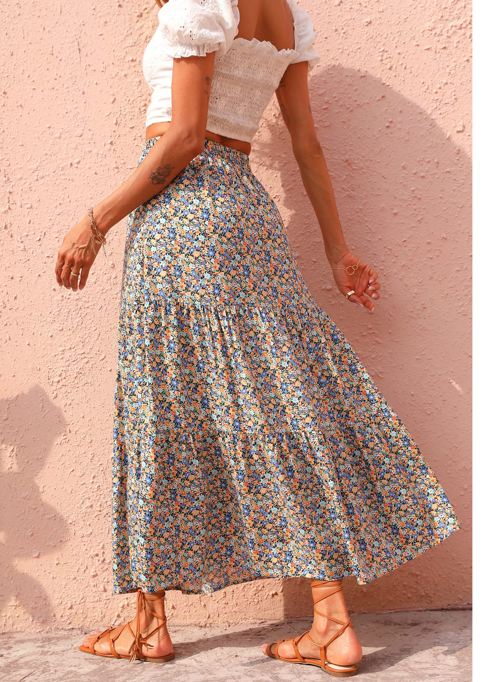 FreshPretty Women Summer Fall Boho Long Skirts Dress Floral Print Elastic Waist Split Ruffle High Low Beach Maxi Skirt