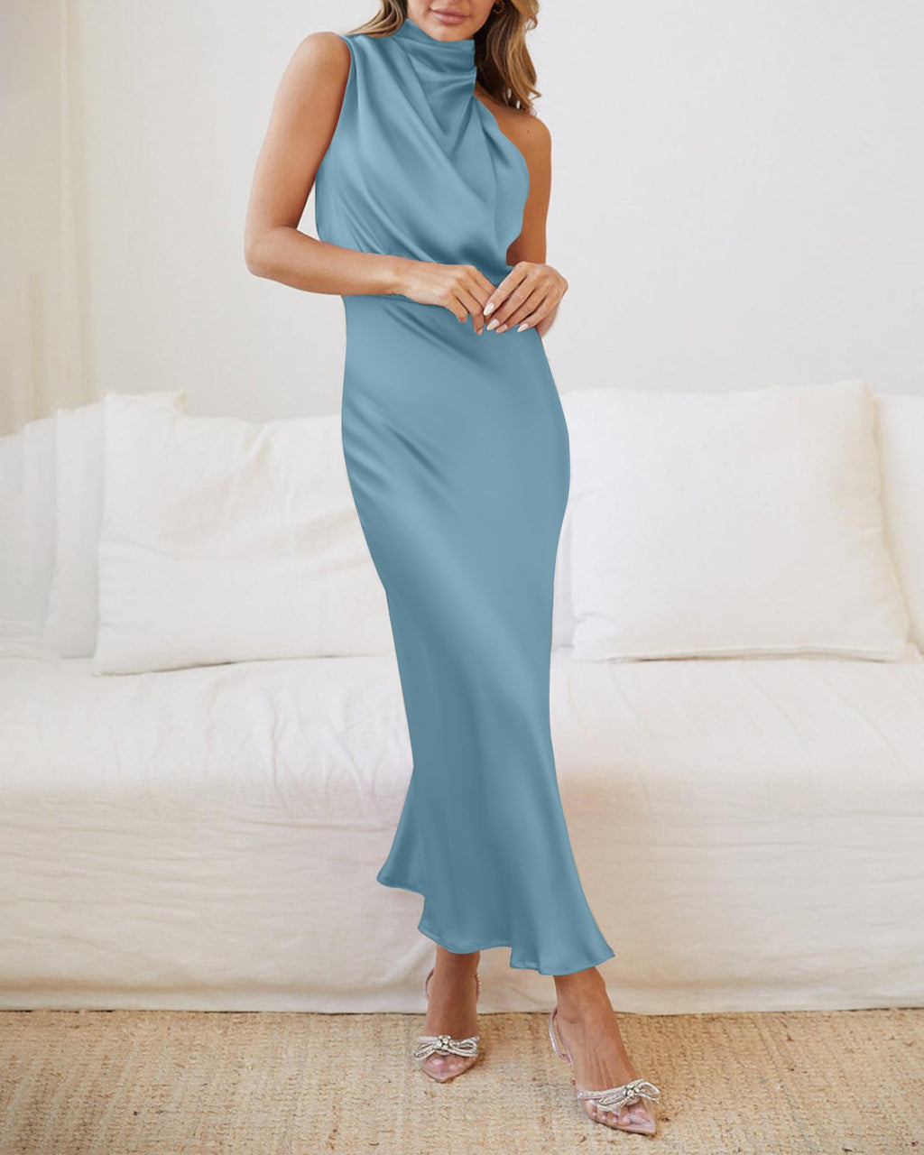 BTFBM Cocktail Dresses for Women Summer Satin Silk Sleeveless Mock Neck Maxi Wedding Guest Dress Spring Outfits