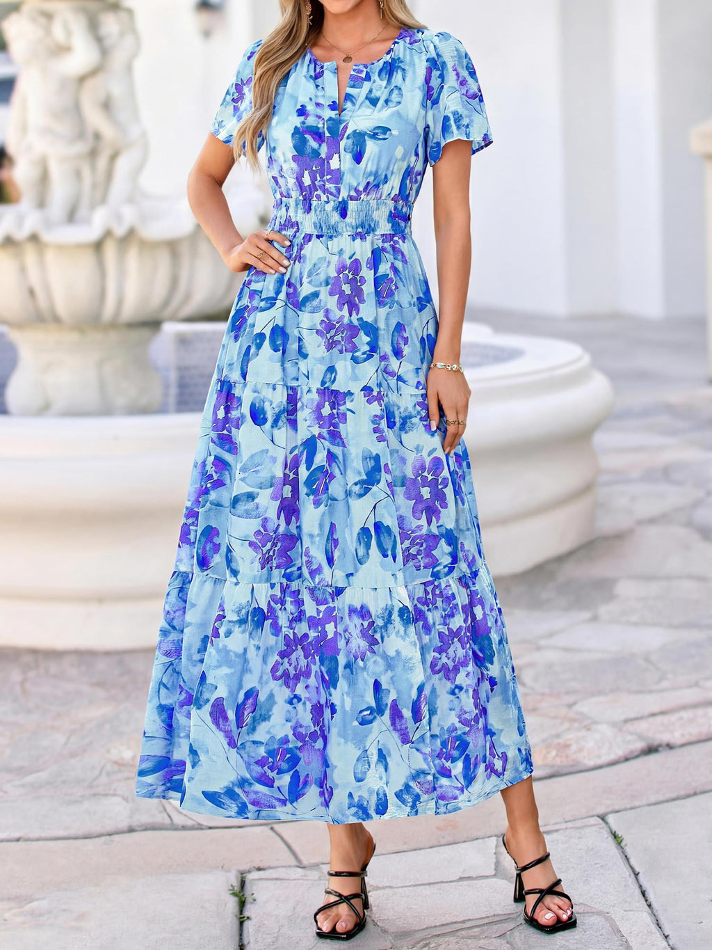 BTFBM Womens Summer Floral Maxi Dresses V Neck Short Sleeve Boho Casual Flowy Long Wedding Guest Dress Beach Vacation