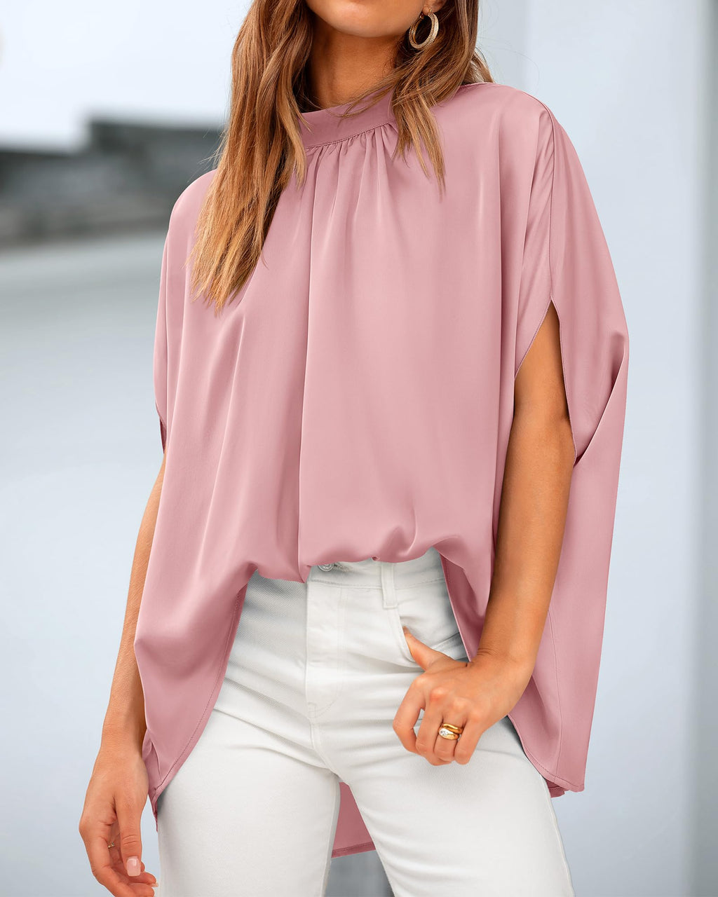 FreshPretty Womens Summer Tops Fall Mock Neck Batwing Sleeve Shirts Loose High Low Hem Oversized Dressy Casual Blouses