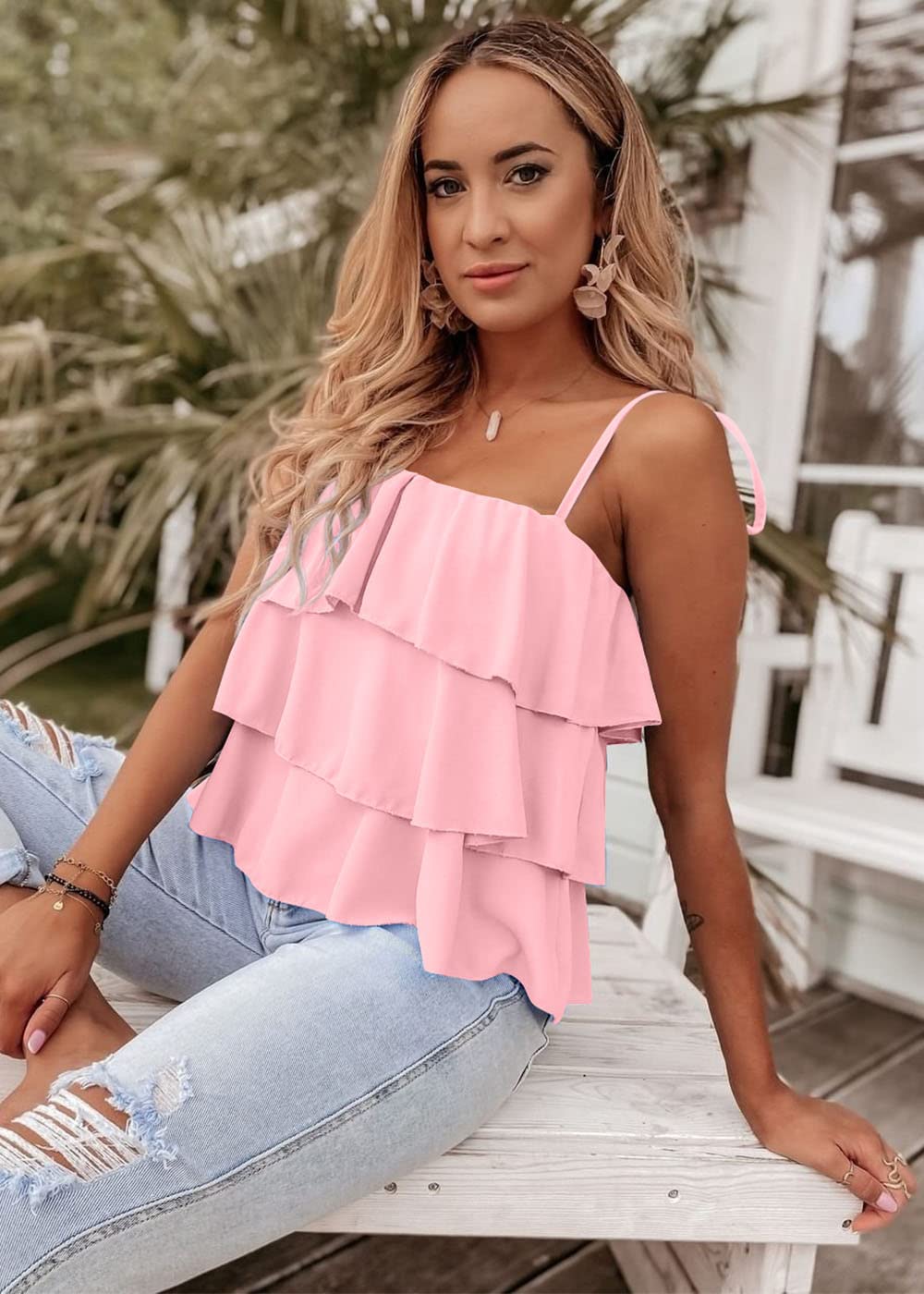 FreshPretty Spaghetti Strap Ruffle Babydoll Peplum Tank Tops for Women Summer Cute Flowy Beach Vacation Cruise Outfits