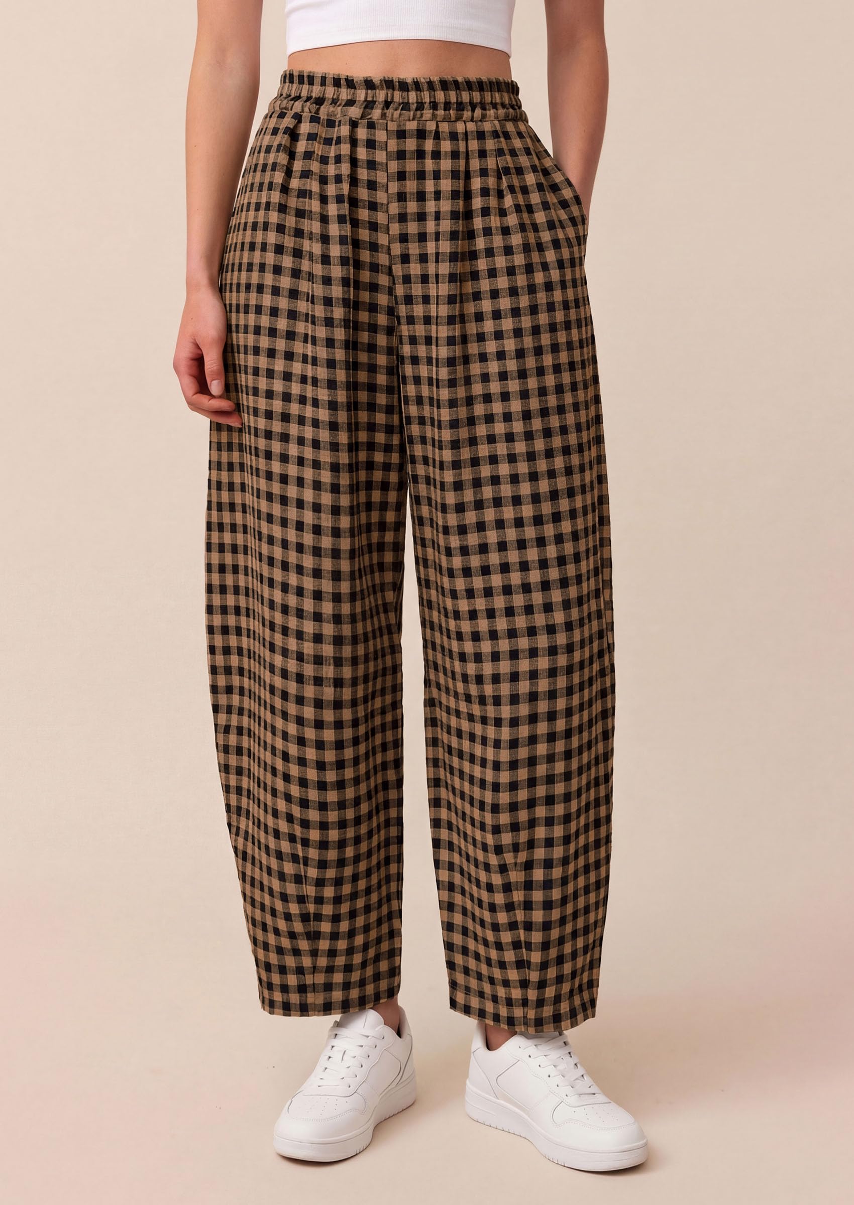 PRETTYGARDEN Plaid Barrel Pants Women Summer Casual Loose Wide Leg Lounge Gingham Trousers Spring Fashion Beach Bottoms