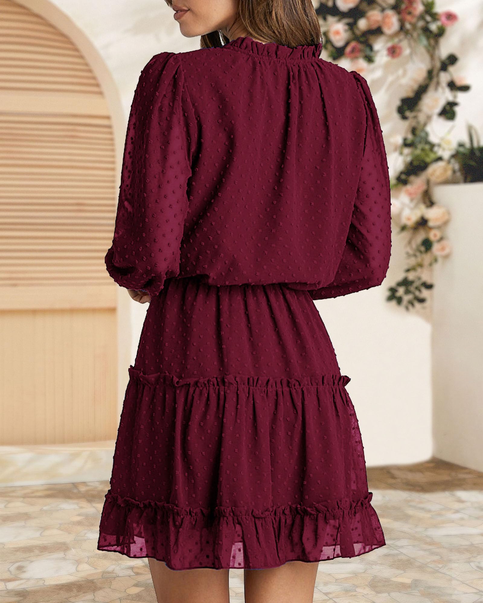 FreshPretty Long Sleeve Fall Dresses for Women Summer Casual Tie Neck Ruffle Tiered A Line Wedding Guest Short Mini Dress