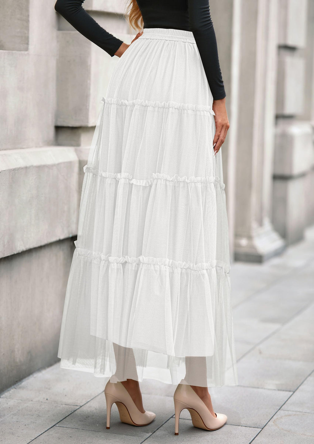 PRETTYGARDEN Tulle Skirts for Women Fall Fashion Elastic High Waisted Fairy Tiered Flowy A-Line Casual Maxi Long Skirt