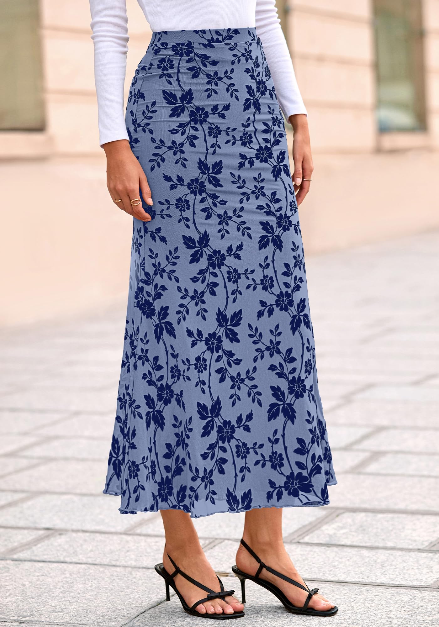 BTFBM Womens Floral Mesh Maxi Skirt Spring Summer Elastic High Waisted Boho Elegant Mermaid Long Skirts for Women