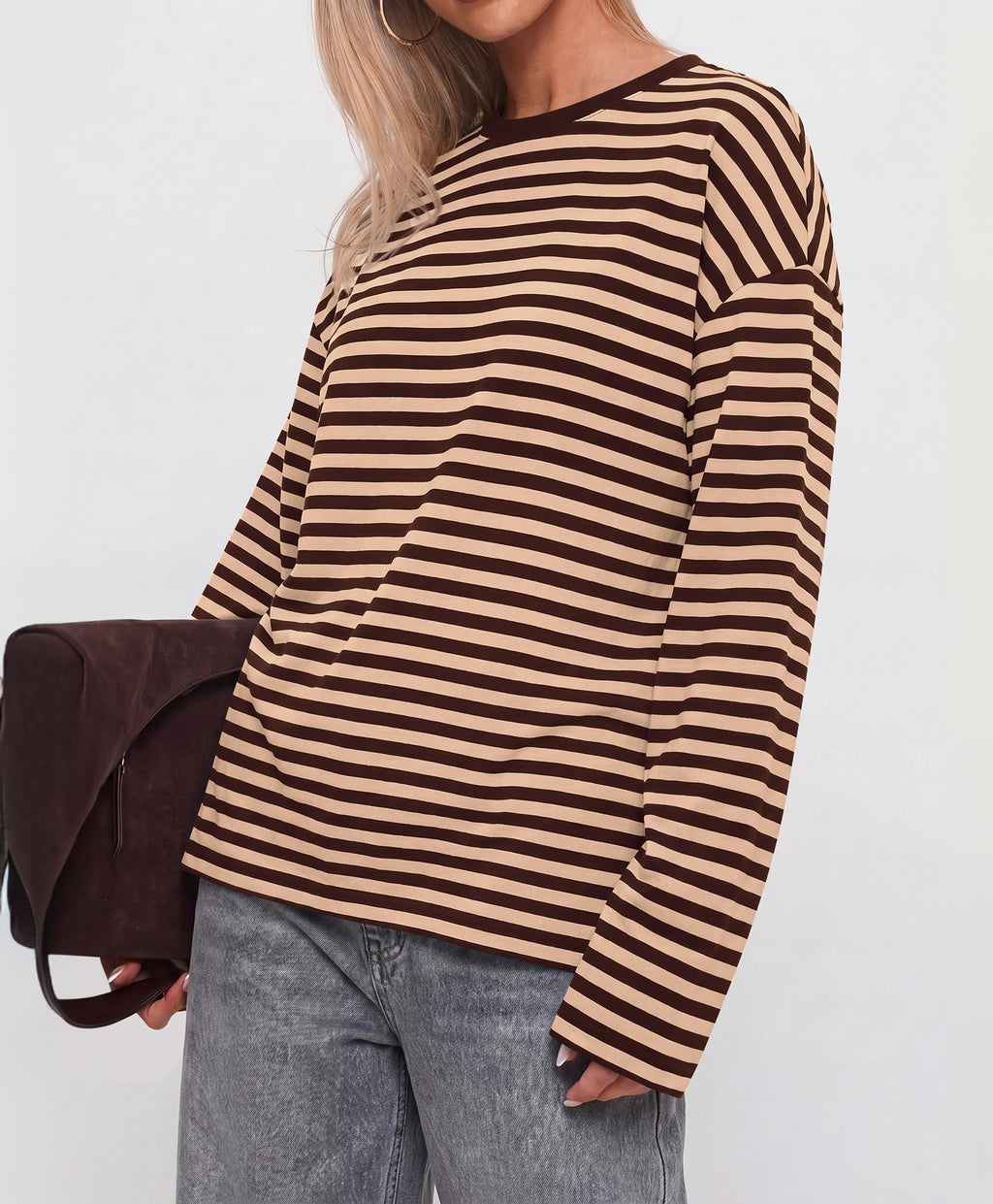 BTFBM Womens Long Sleeve Tops Fall Fashion | Lightweight, Crew Neck, Oversized Striped Shirt Women, Y2k Clothes, Vacation Travel Outfits, Going Out Top, Winter Layering