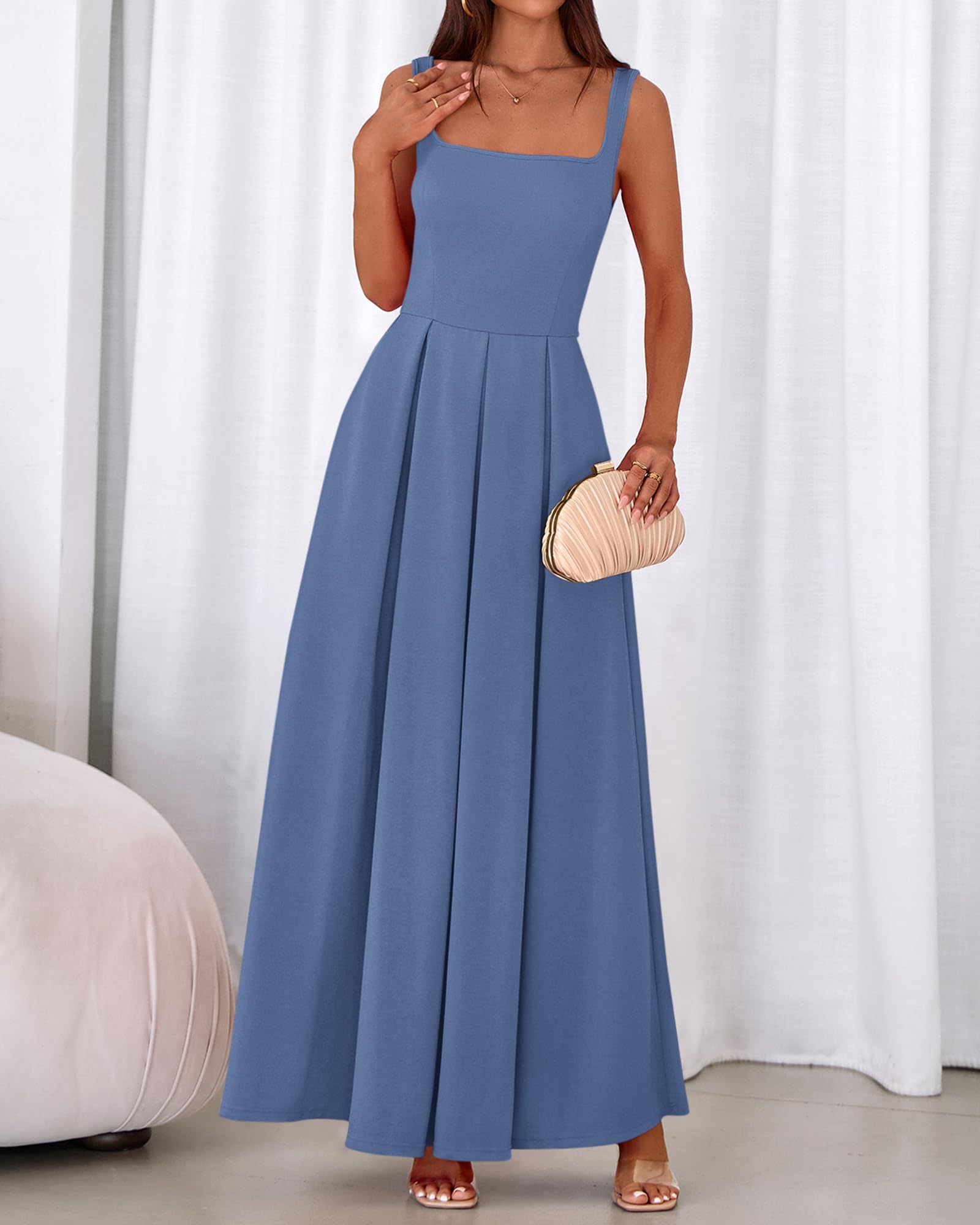 BTFBM Women Summer Square Neck Maxi Dress Spring Elegant Classy Sleeveless Formal Wedding Guest Cocktail Dresses