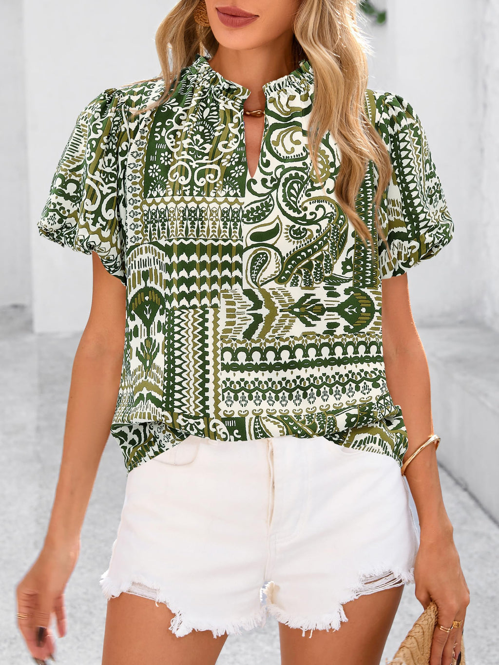PRETTYGARDEN Boho Short Sleeve Floral Work Blouses for Women Dressy Casual V Neck Puff Sleeve Loose Chiffon Flowy Tops Shirts