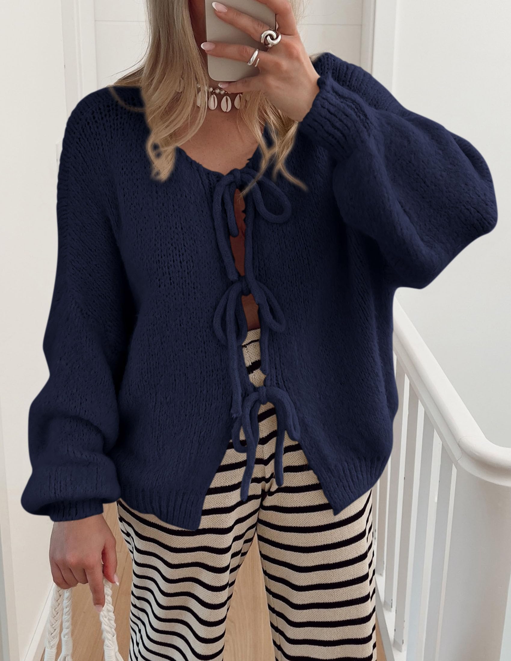 PRETTYGARDEN Women's Tie Front Bow Cardigan Sweaters Chunky Knit Long Puff Sleeve Trendy Fall Winter Jacket Coat