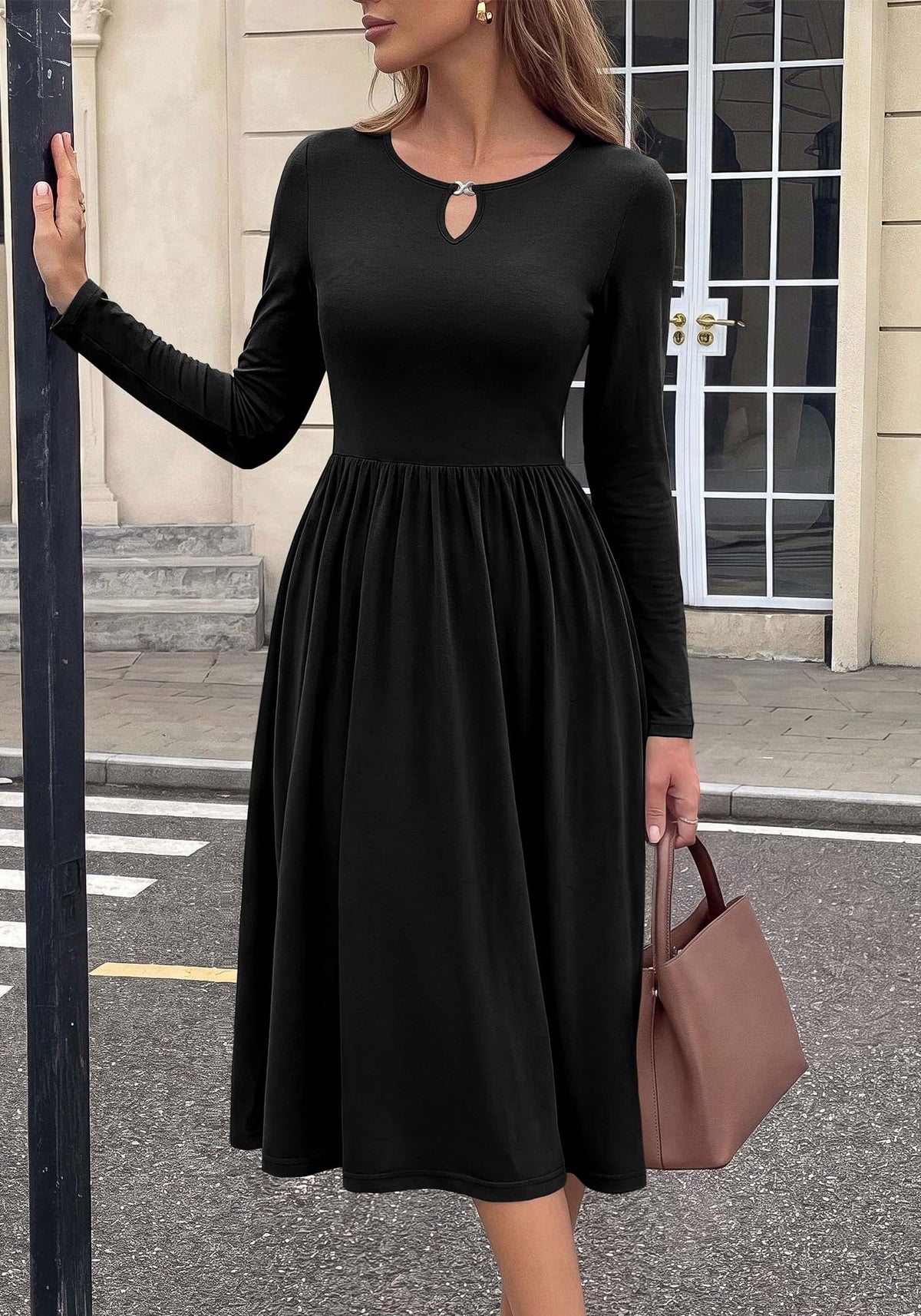 FreshPretty Fall Dresses for Women Midi Empire Waist Long Sleeve Dress,Lightweight Soft Knit,Flowy A Line Keyhole Crewneck Pleated Business Casual Teacher Outfits,Dressy Wedding Daily With Pockets