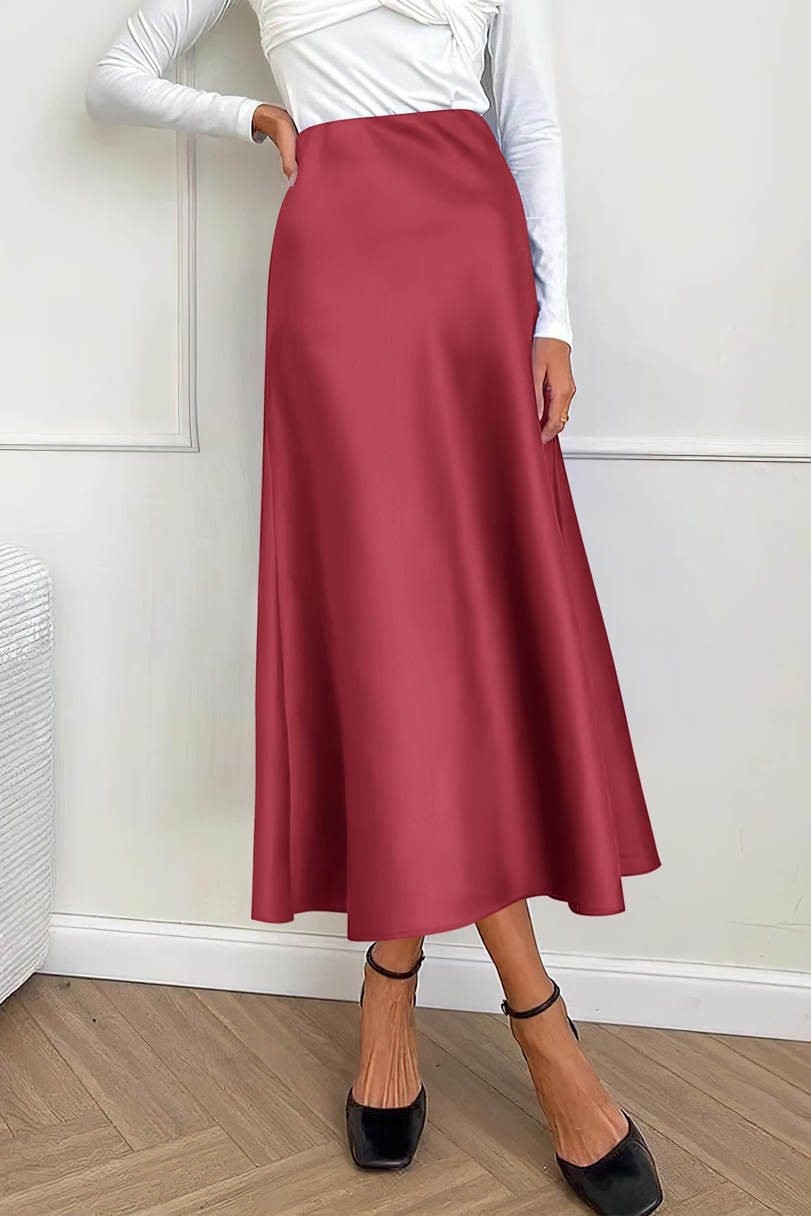 PRETTYGARDEN Women's Satin Skirts Dressy Casual Fall High Waisted Cocktail Wedding Flowy Elegant A Line Midi Skirt