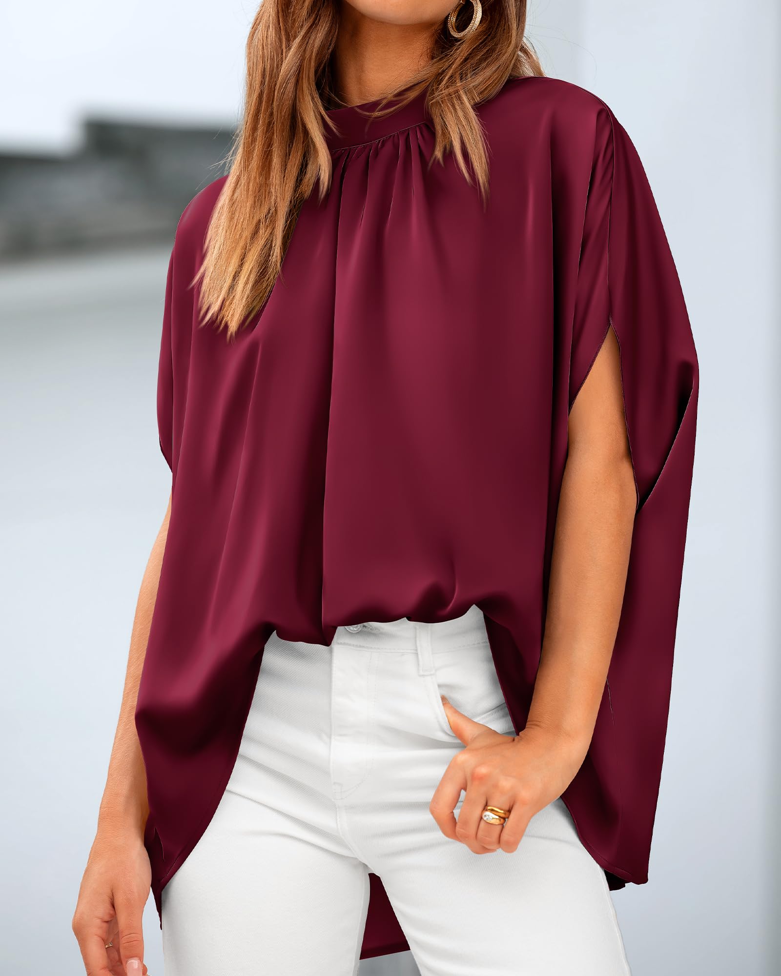 BTFBM Womens Summer Tops Mock Neck Batwing Sleeve Silk Satin Shirts Loose Oversized Dressy Casual Spring Blouses