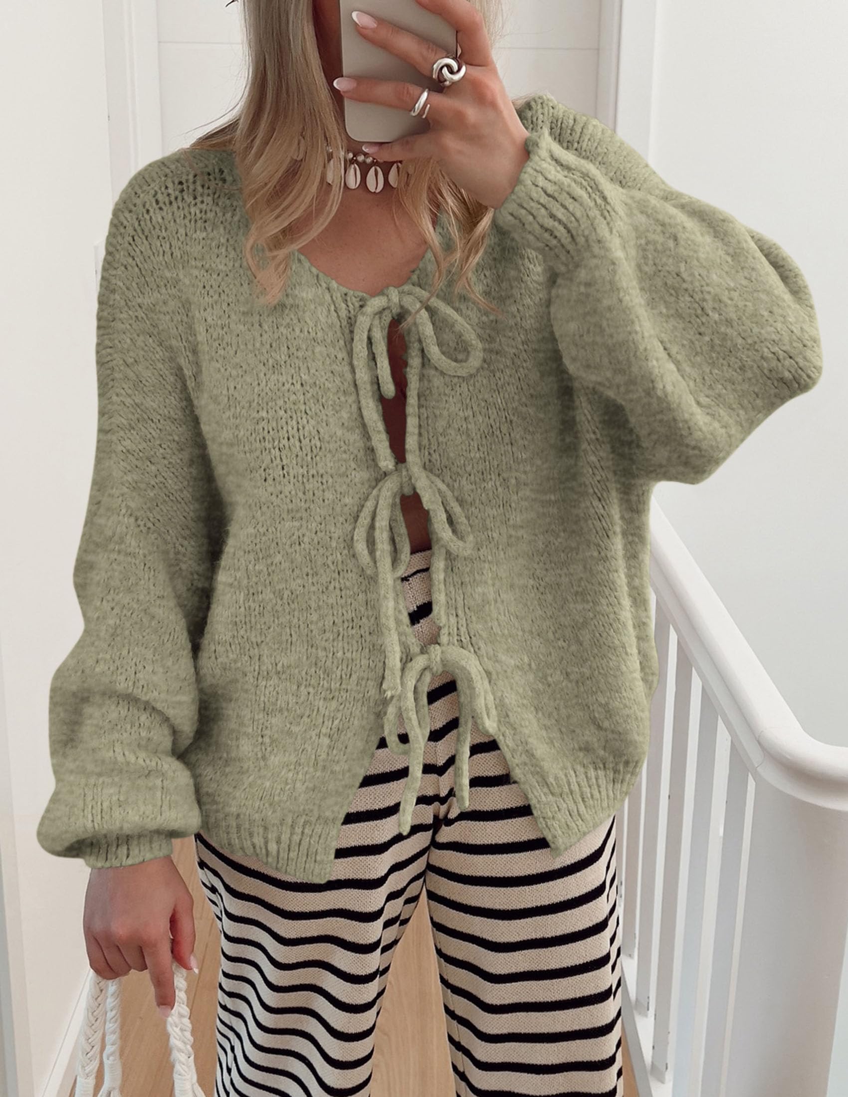 PRETTYGARDEN Women's Tie Front Bow Cardigan Sweaters Chunky Knit Long Puff Sleeve Trendy Fall Winter Jacket Coat