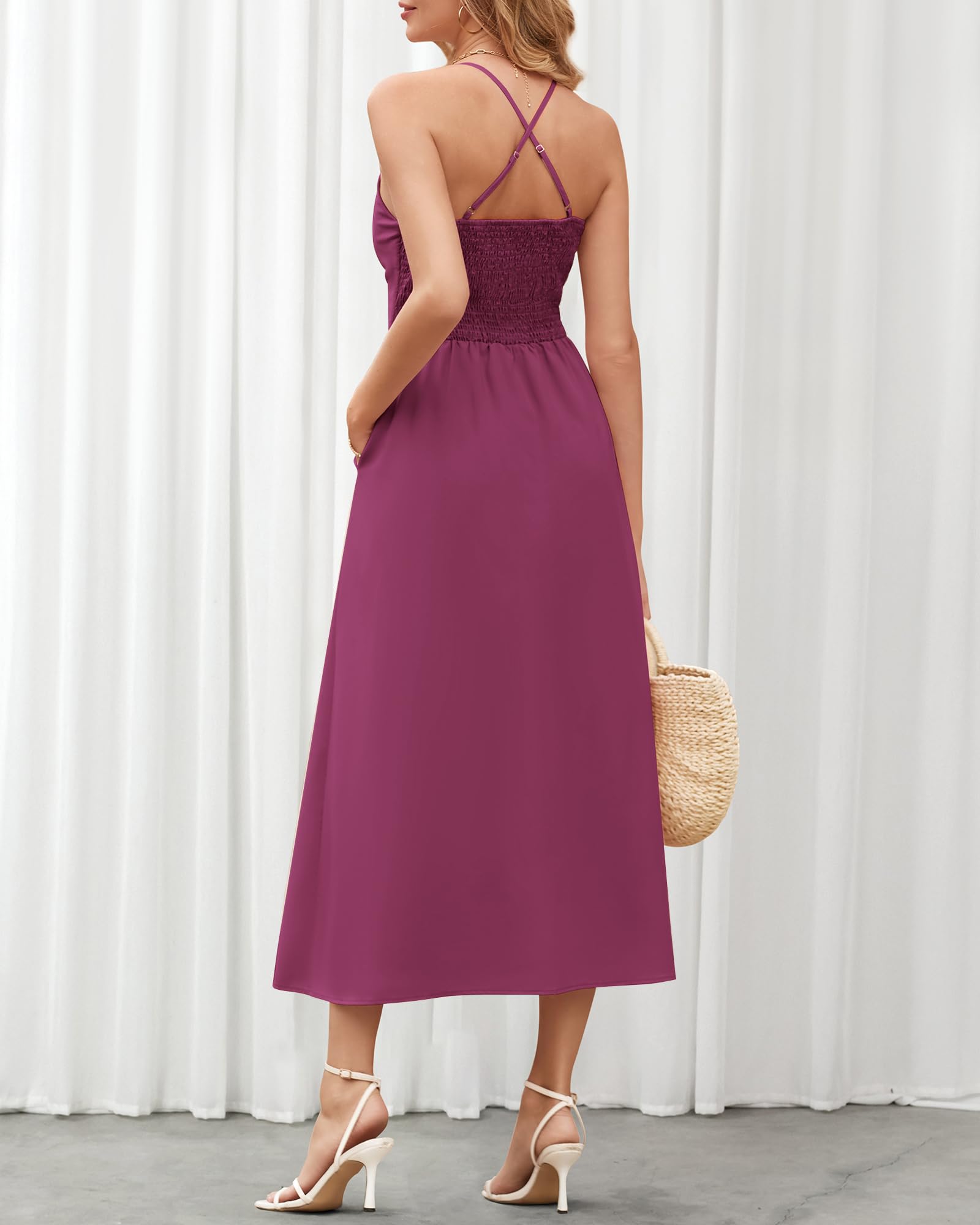 BTFBM Women Spaghetti Strap Midi Summer Dresses Sleeveless V Neck Cutout Slit Casual Beach Party Maxi Dress Pockets