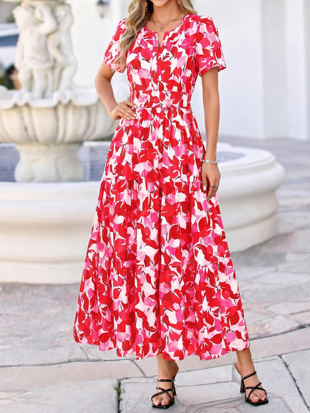BTFBM Womens Summer Floral Maxi Dresses V Neck Short Sleeve Boho Casual Flowy Long Wedding Guest Dress Beach Vacation