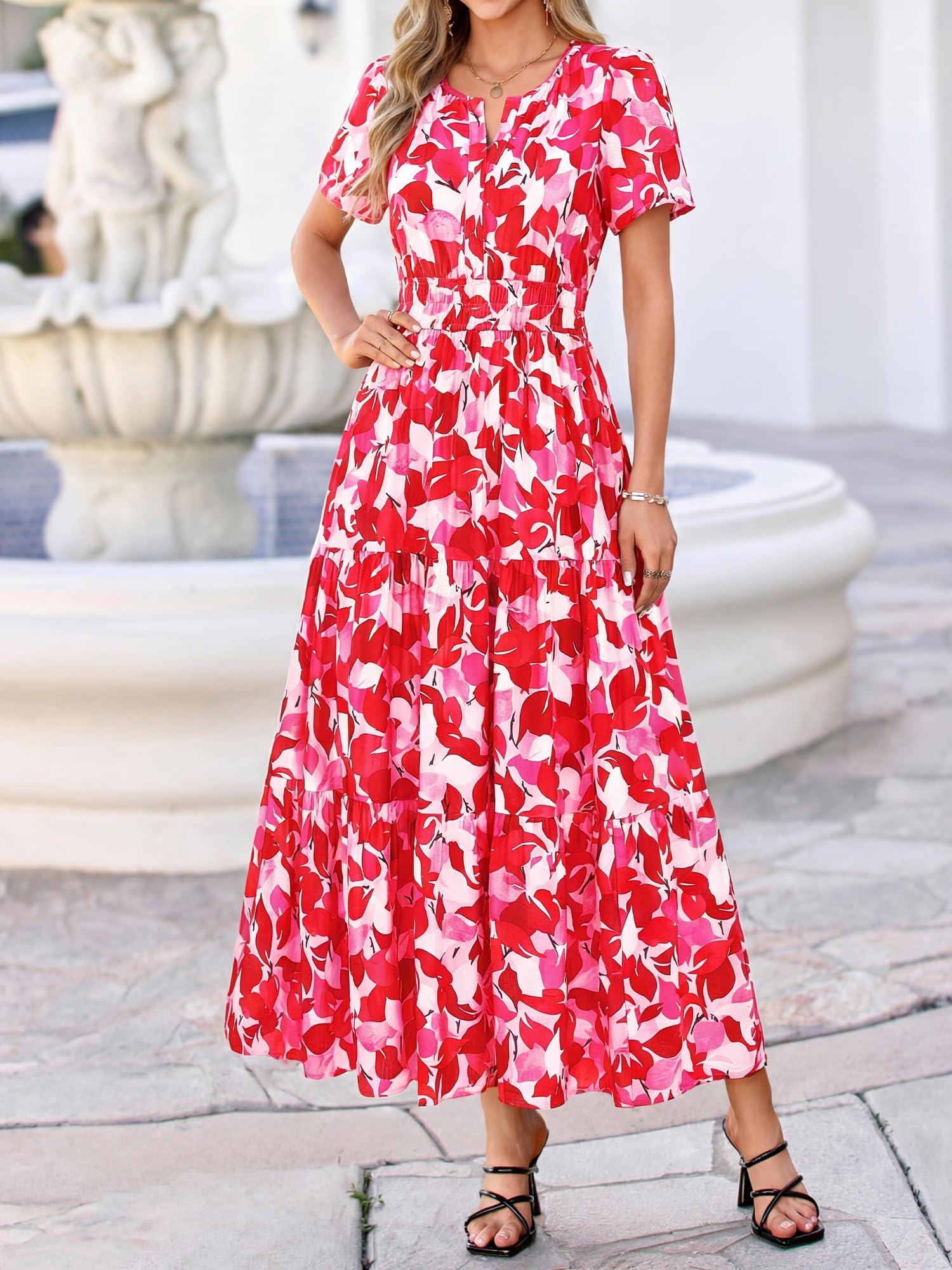 BTFBM Womens Summer Floral Maxi Dresses V Neck Short Sleeve Boho Casual Flowy Long Wedding Guest Dress Beach Vacation