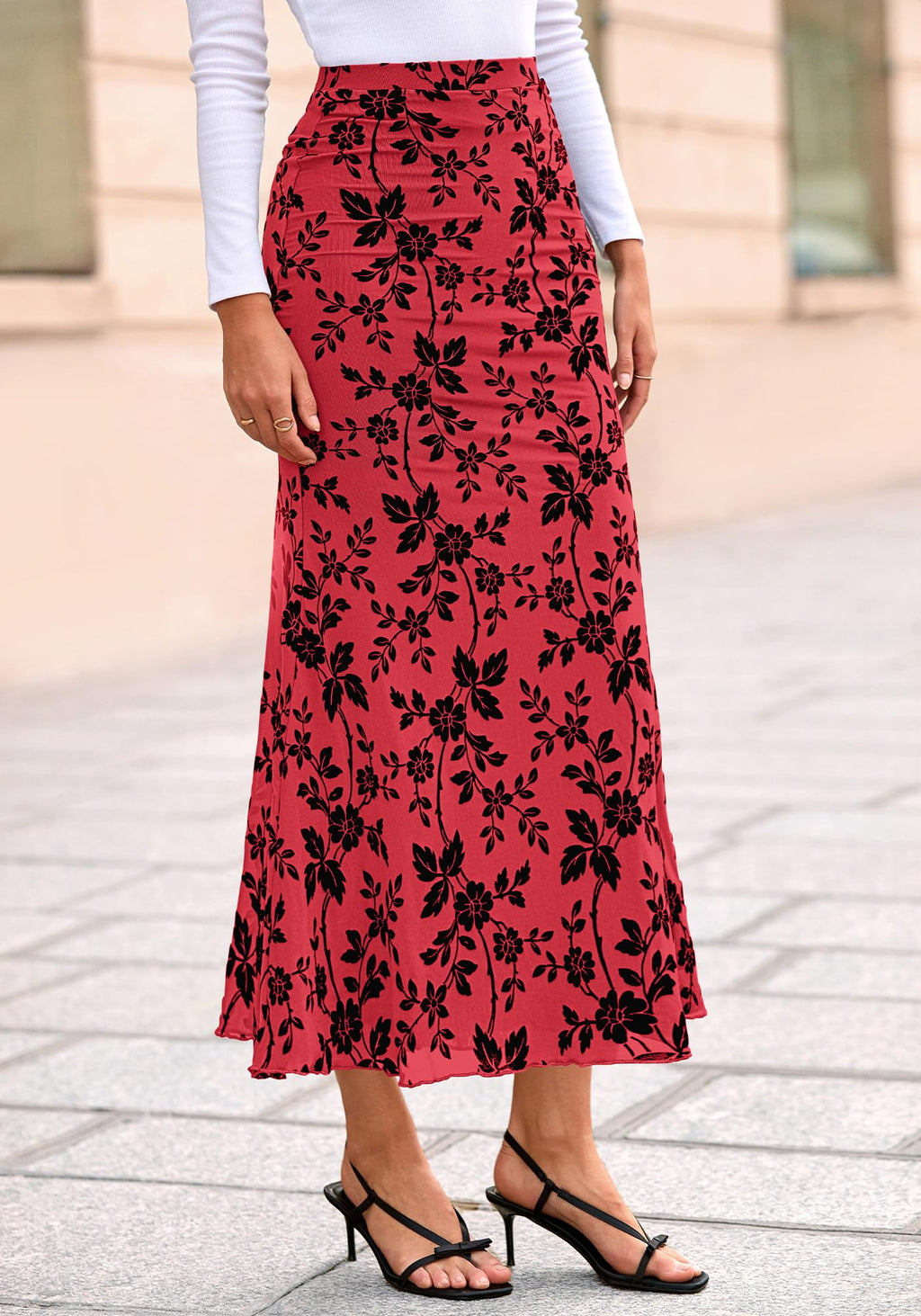 BTFBM Womens Floral Mesh Maxi Skirt Spring Summer Elastic High Waisted Boho Elegant Mermaid Long Skirts for Women