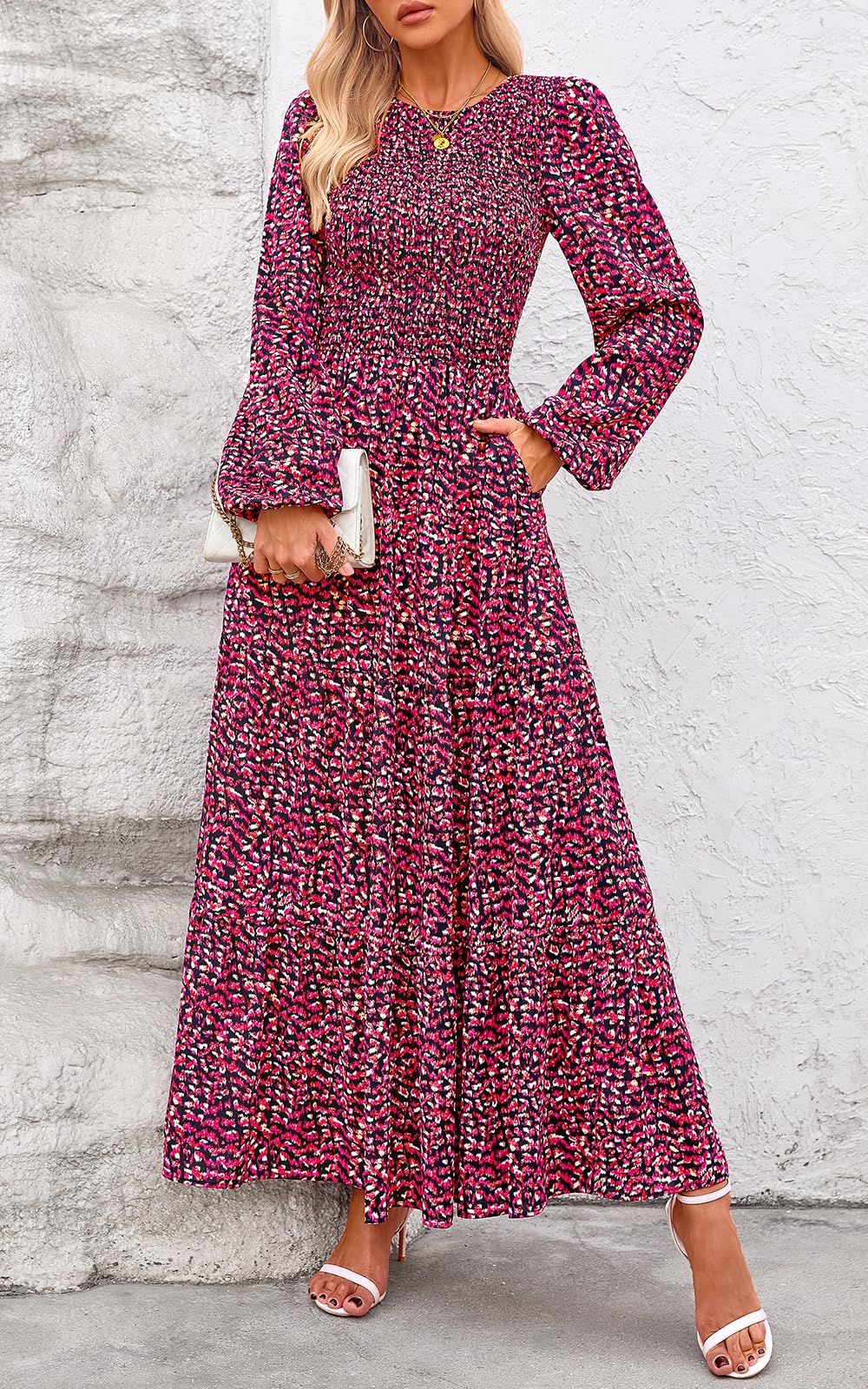 PRETTYGARDEN Women's Fall Dresses Long Sleeve Flowy Casual Floral Maxi Dress Crew Neck Smocked Tiered Long Dress