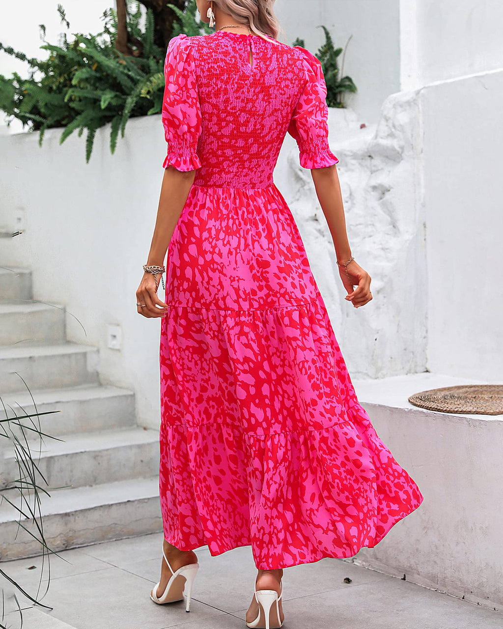 FreshPretty Women Casual Summer Dresses Spring Crew Neck Ruffle Short Sleeve Floral Print Smocked Boho Flowy Maxi Dress