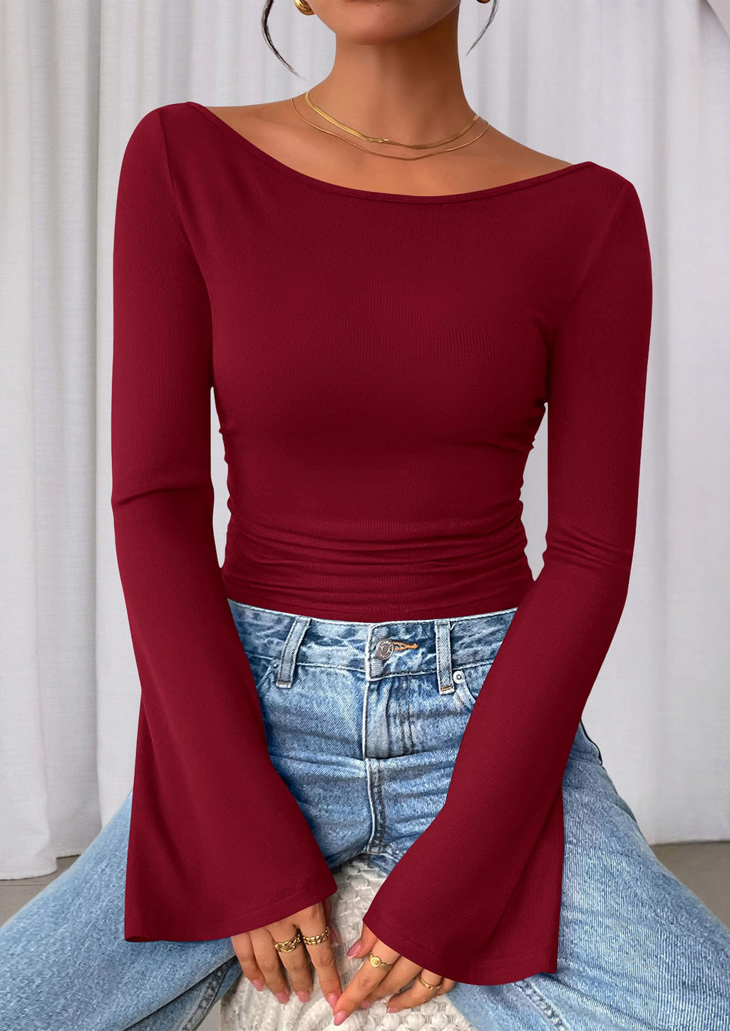 PRETTYGARDEN Women's Long Sleeve Shirts Fall Crop Going Out Tops Casual Boat Neck Bell Sleeve Ribbed Ruched Y2K Clothes