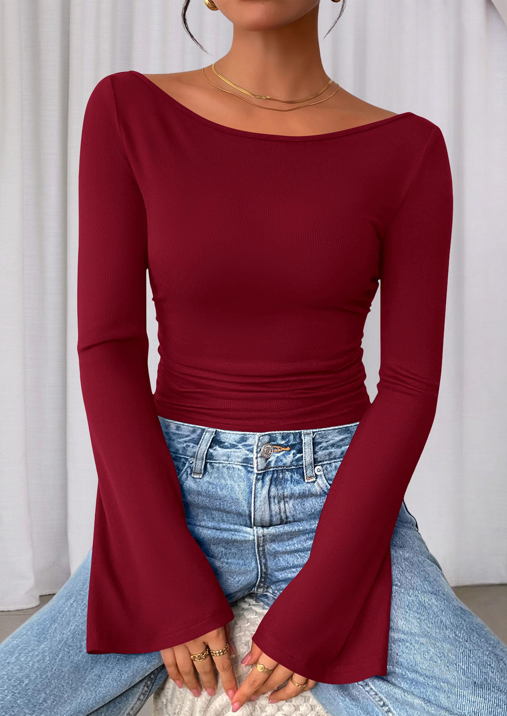 PRETTYGARDEN Women's Long Sleeve Shirts Fall Crop Going Out Tops Casual Boat Neck Bell Sleeve Ribbed Ruched Y2K Clothes