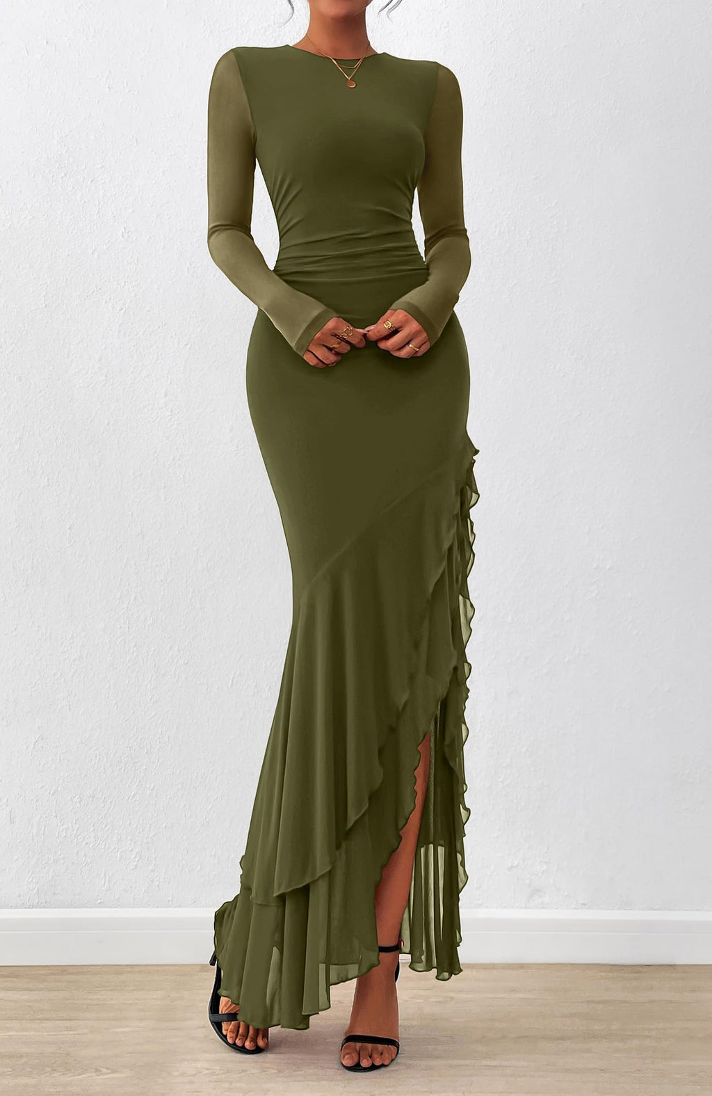 BTFBM Women's Maxi Dresses Fall Long Sleeve Wedding Guest Dress Mesh,Ruched,Bodycon,High Split,Solid Color,Ruffle, Mermaid,Cocktail Dresses,Prom,Party,Homecoming Dress,Fall Outfits
