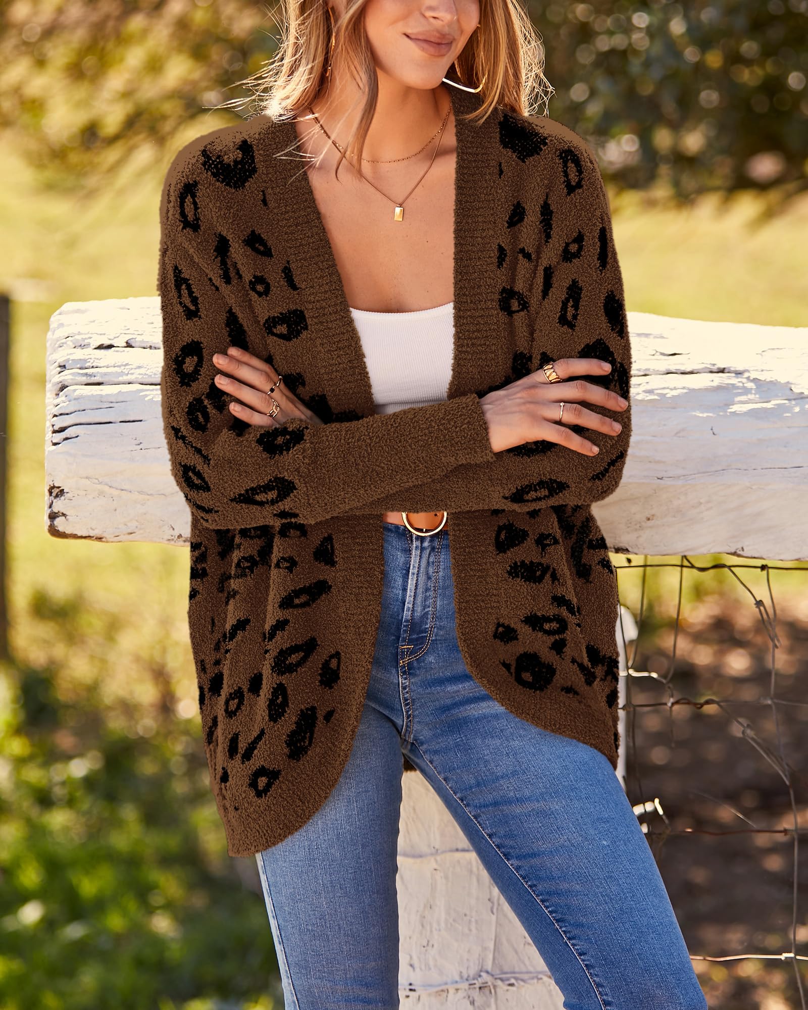 FreshPretty Leopard Cardigan for Women Long Sleeve Open Front Cardigans Sweaters Pockets Loose Knit Fall Winter Outwear