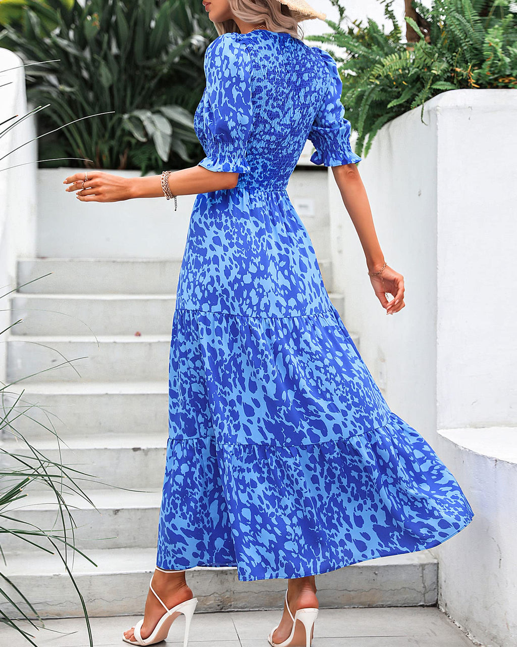 FreshPretty Women Casual Summer Dresses Spring Crew Neck Ruffle Short Sleeve Floral Print Smocked Boho Flowy Maxi Dress