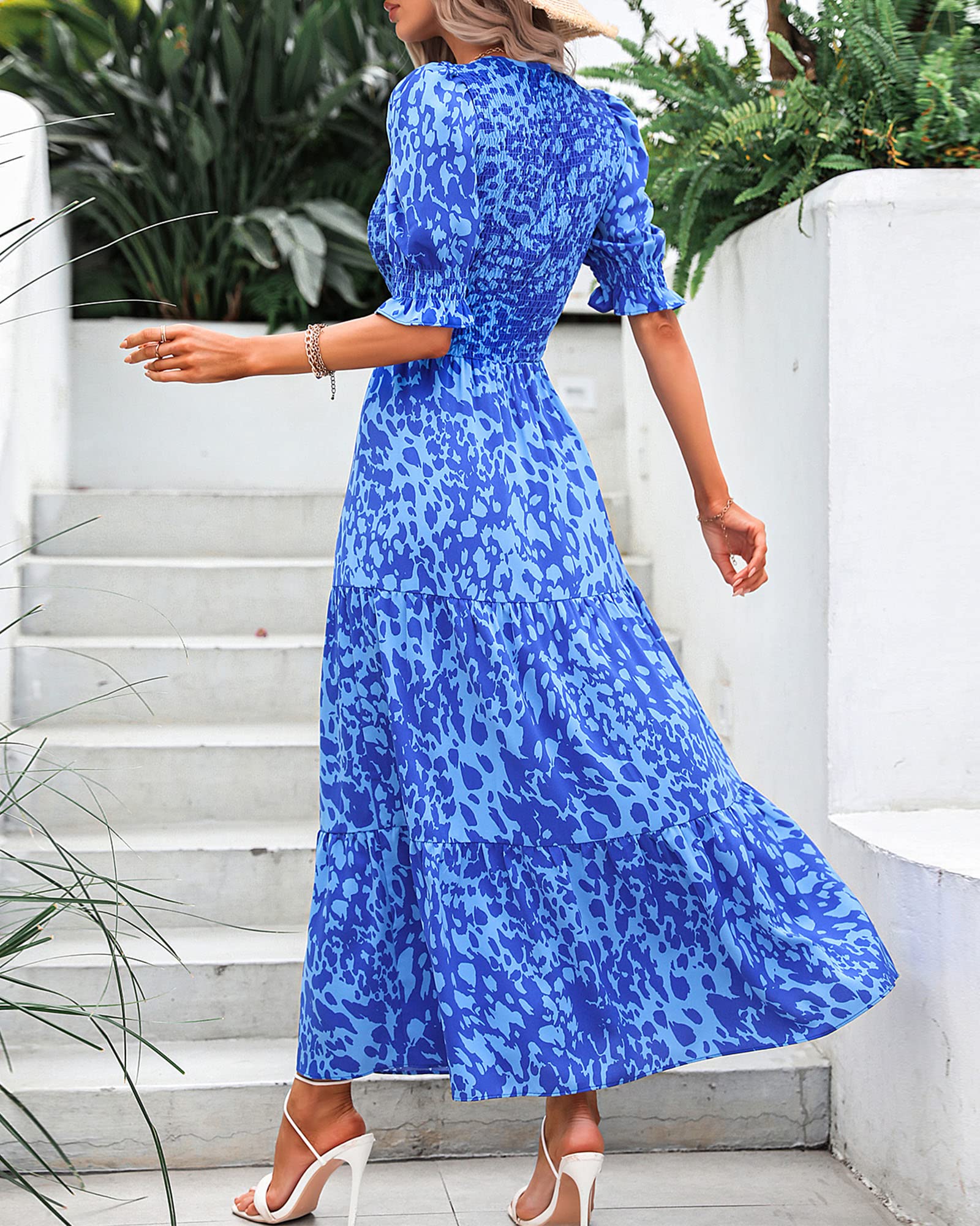 FreshPretty Women Casual Summer Dresses Spring Crew Neck Ruffle Short Sleeve Floral Print Smocked Boho Flowy Maxi Dress