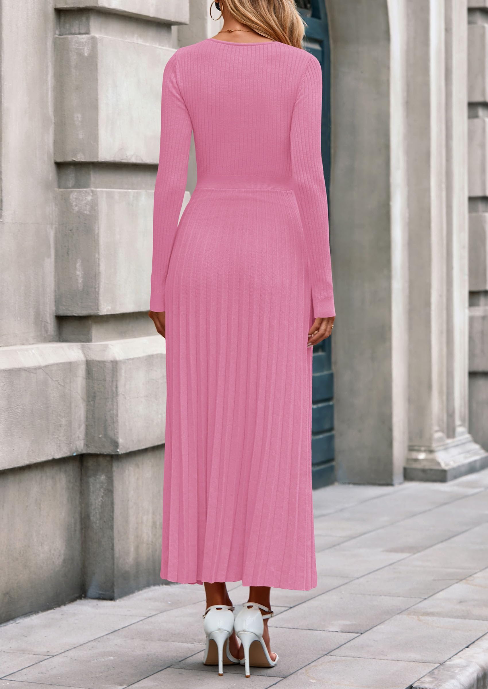 PRETTYGARDEN Women Sweater Dress Fall Fashion Long Sleeve V Neck Ribbed Knit Pleated A Line Elegant Maxi Winter Dresses