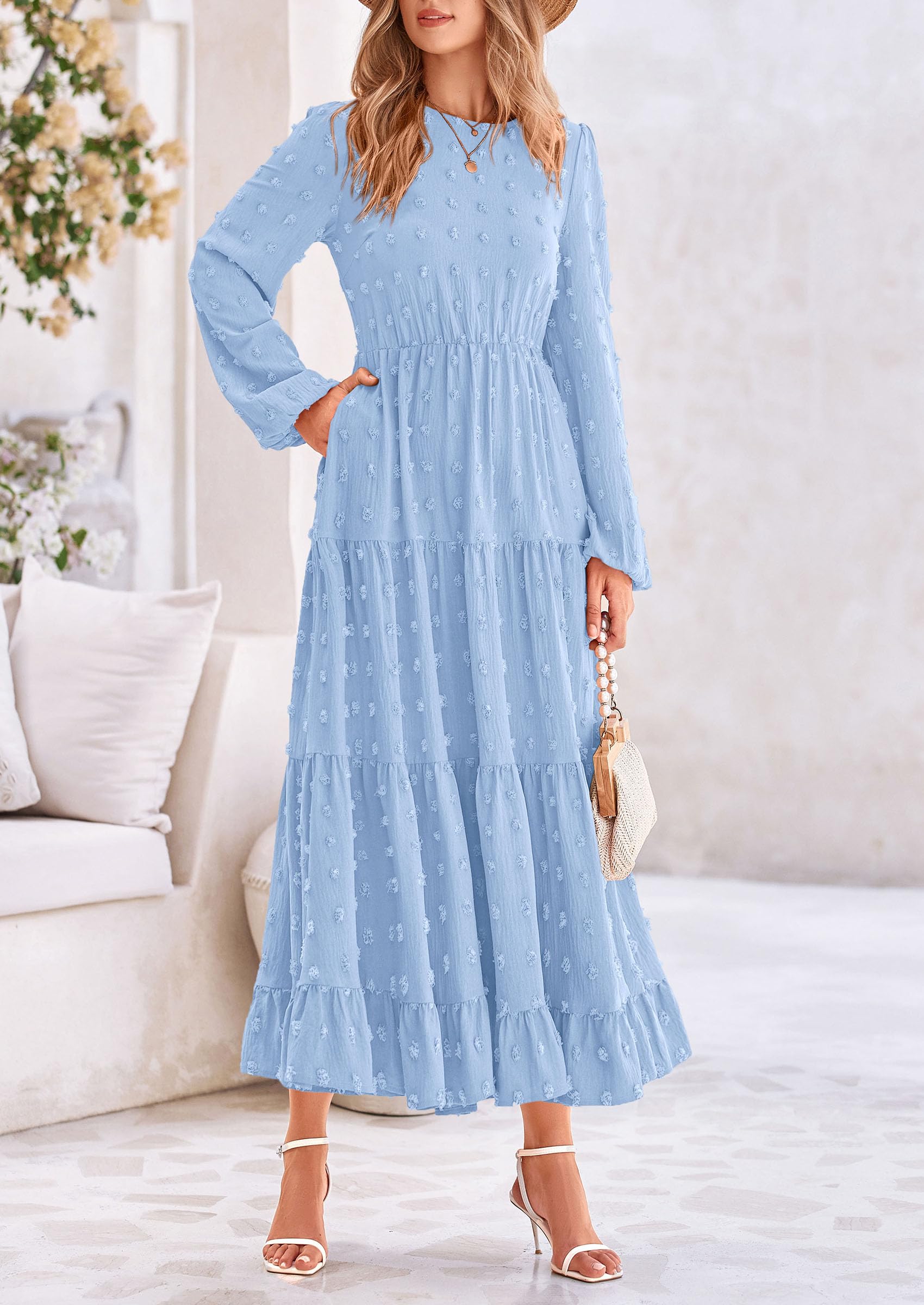 PRETTYGARDEN Women's Fall Spring Elegant Long Sleeve Maxi Dress Swiss Dot A Line Flowy Casual Holiday Party Going Out Dresses