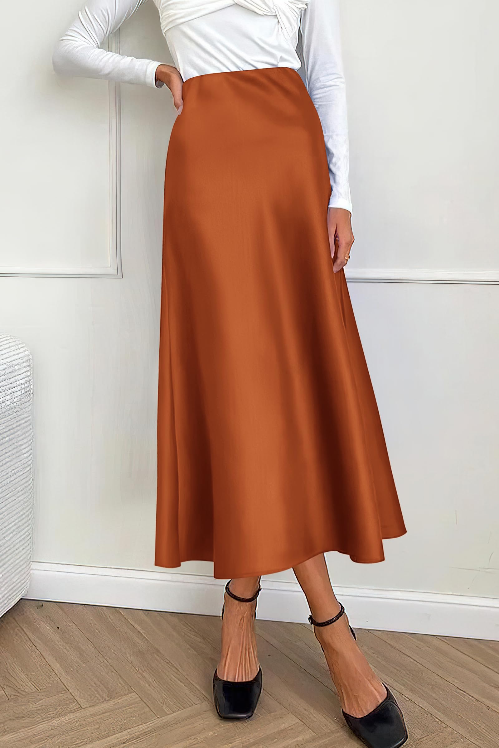 PRETTYGARDEN Women's Satin Skirts Dressy Casual Fall High Waisted Cocktail Wedding Flowy Elegant A Line Midi Skirt