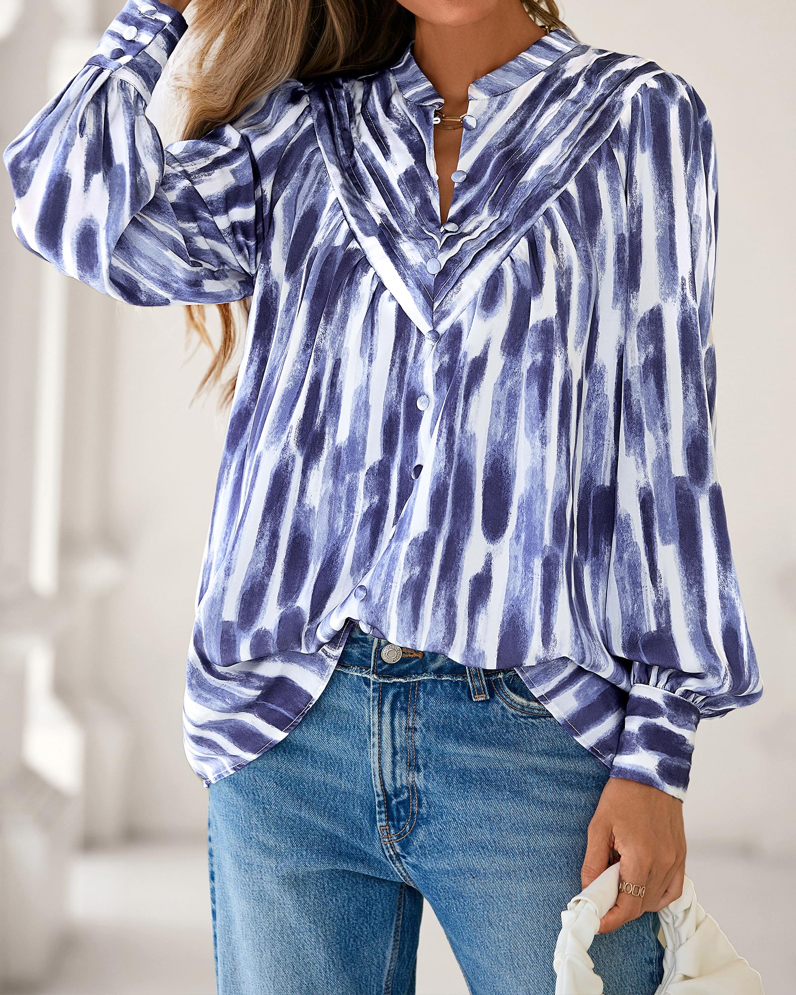 BTFBM Womens Tops Dressy Casual Spring Boho Floral V Neck Long Sleeve Half Button Down Shirt Work Business Blouses